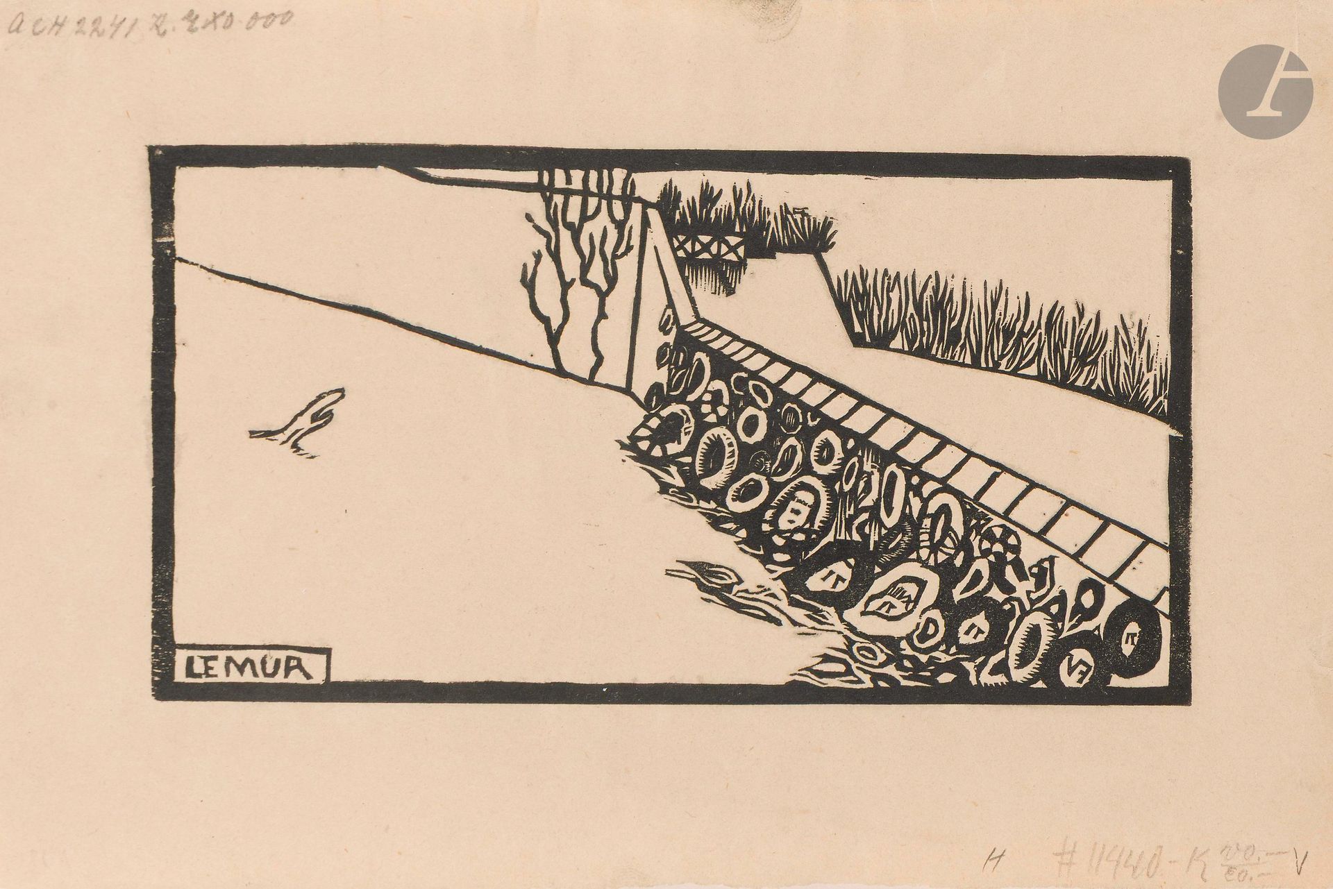 Félix Vallotton (1865-1925)
Le Mur [des Fédérés au Père-Lachaise]. 1892. Bois gravé. 190x100mm. Vallotton et Goerg 99. Très belle épreuve sur vélin mince ivoire, non signée. Morceau de papier blanc mince collé au centre au verso. Courtes déchirures au bord droit du feuillet, consolidée au verso. Trace d’empreinte digitale en tête au centre. Toutes marges.