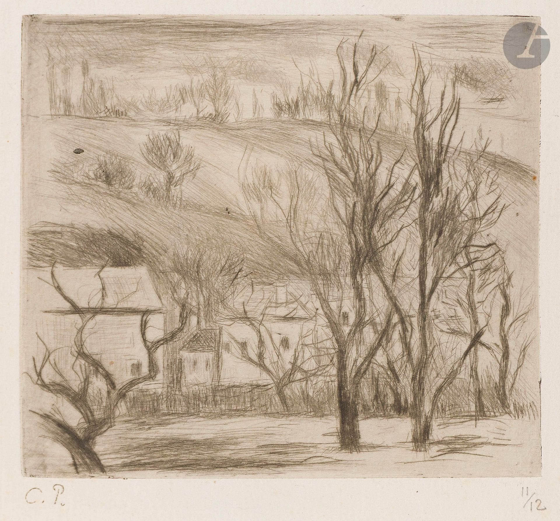 Camille Pissarro (1830-1903)
Paysage à l’Hermitage (Pontoise).1880. Pointe sèche. 123x110mm. Delteil 28. Très belle épreuve sur vergé ancien mince, l’une des 12 du tirage de 1923 (outre le tirage à quelques épreuves du vivant de l’artiste), timbrée (Lugt 613e) et numérotée au crayon. Légère trace d’oxydation (d’origine) le long des bords. Toutes marges.
