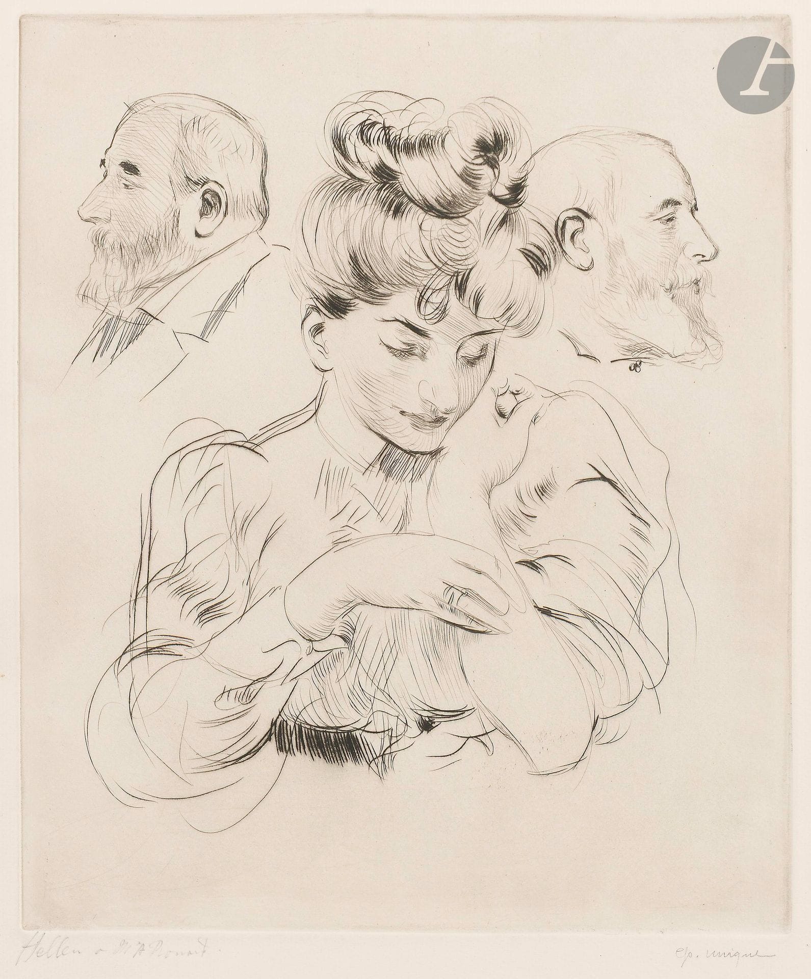 Paul-César Helleu (1859-1927)
Étude de femme avec double portrait de profil d’Alexis Rouart. 1897. Pointe sèche. 280x345mm. Superbe et fraîche épreuve sur vergé fort blanc, signée, dédicacée «à Mr A. Rouart» et annotée «ep. unique» au crayon. Annotation en pied au crayon de la main d’Alexis Rouart: «Les portraits sont ceux de M. Alexis Rouart – l’épreuve dans cet état est unique (planche exécutée pendant le tirage de la planche du grand portrait – A.R.»). Toutes marges. Ex-coll. A. Rouart (Lugt 2187a). 

Alexis Rouart (1839-1911) était un industriel et le frère du collectionneur Henri Rouart (1833-1912), renommé pour ses Corot et Degas. Il avait lui-même réuni un nombreux choix de lithographies en très belles épreuves, de tableaux, dessins et aquarelles de Delacroix, Devéria, Lami, Roqueplan, Nanteuil, Granet, Isabey,ainsi que d’objets d’Extrême-Orient. Helleu grava son portrait à la pointe sèche en 1897, le représentant chez son frère Henri.
