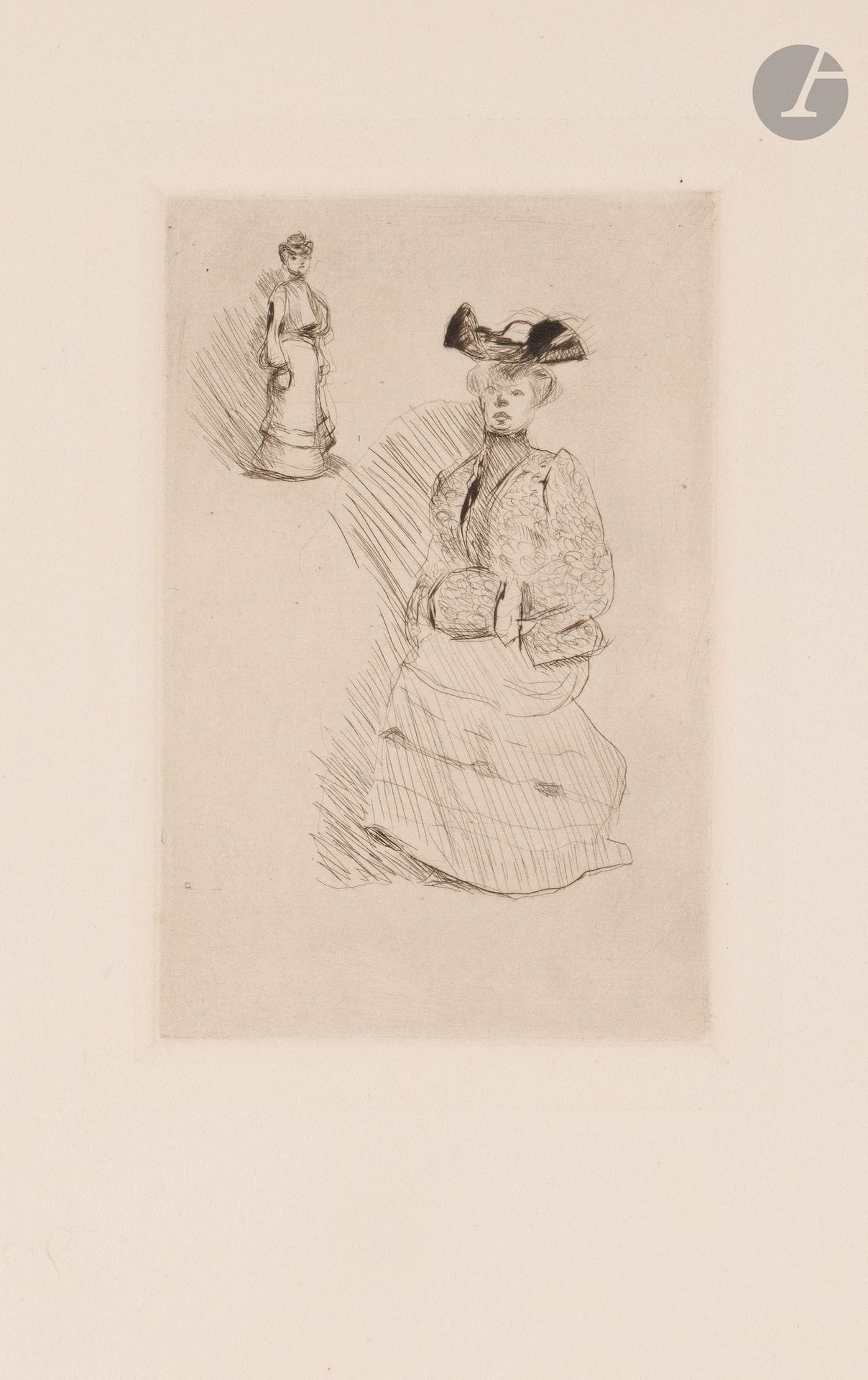 Henri Matisse (1869-1954)
Deux femmes en costume de ville. 1900-1903. Pointe sèche. 100x149mm. Duthuit-Garnaud 13. Très belle épreuve sur vélin ivoire, numérotée et signée à la plume et à l’encre en pied. Deux petits restes d’ancien montage au bord gauche au verso. Toutes marges non ébarbées [254x330mm]. Tirage à 30 épreuves. 

Provenance:
Henri Marie Petiet (1894-1980).