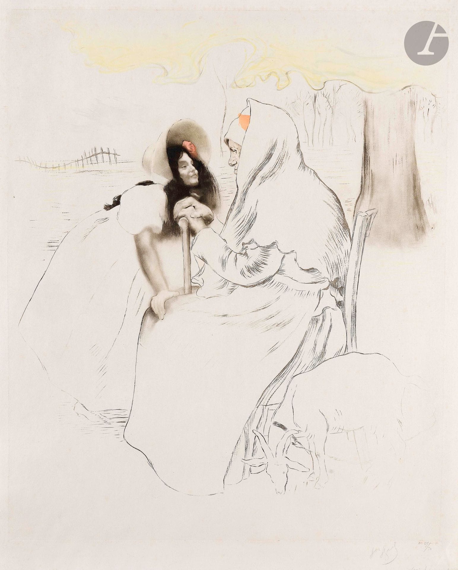 Louis Legrand (1863-1951)
L’Aïeule. 1904. Eau-forte et aquatinte. 480x595mm. Arwas 202. Impression en couleurs. Belle épreuve sur vélin blanc, du 3e état (sur 4) avant réduction du cuivre en hauteur, lavée, signée et numérotée puis titrée et annotée en pied. Quelques rousseurs claires. Toutes marges. Tirage à 50 épreuves.