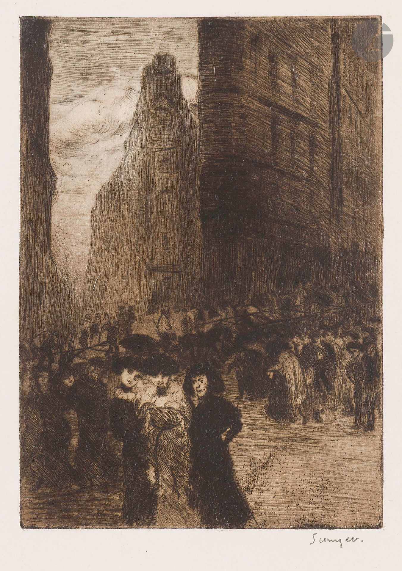 Joaquím Sunyer y Miró (1874-1956)
Scène de rue à Paris (les trottins). Vers 1900. Eau-forte et pointe sèche. 150x210mm. Très belle épreuve sur vergé blanc, signée au crayon, très soigneusement lavée. Légères traces de plis obliques au bord droit. Toutes marges. 

Provenance: 
Ancienne collection Paco Durrio (1868-1940).