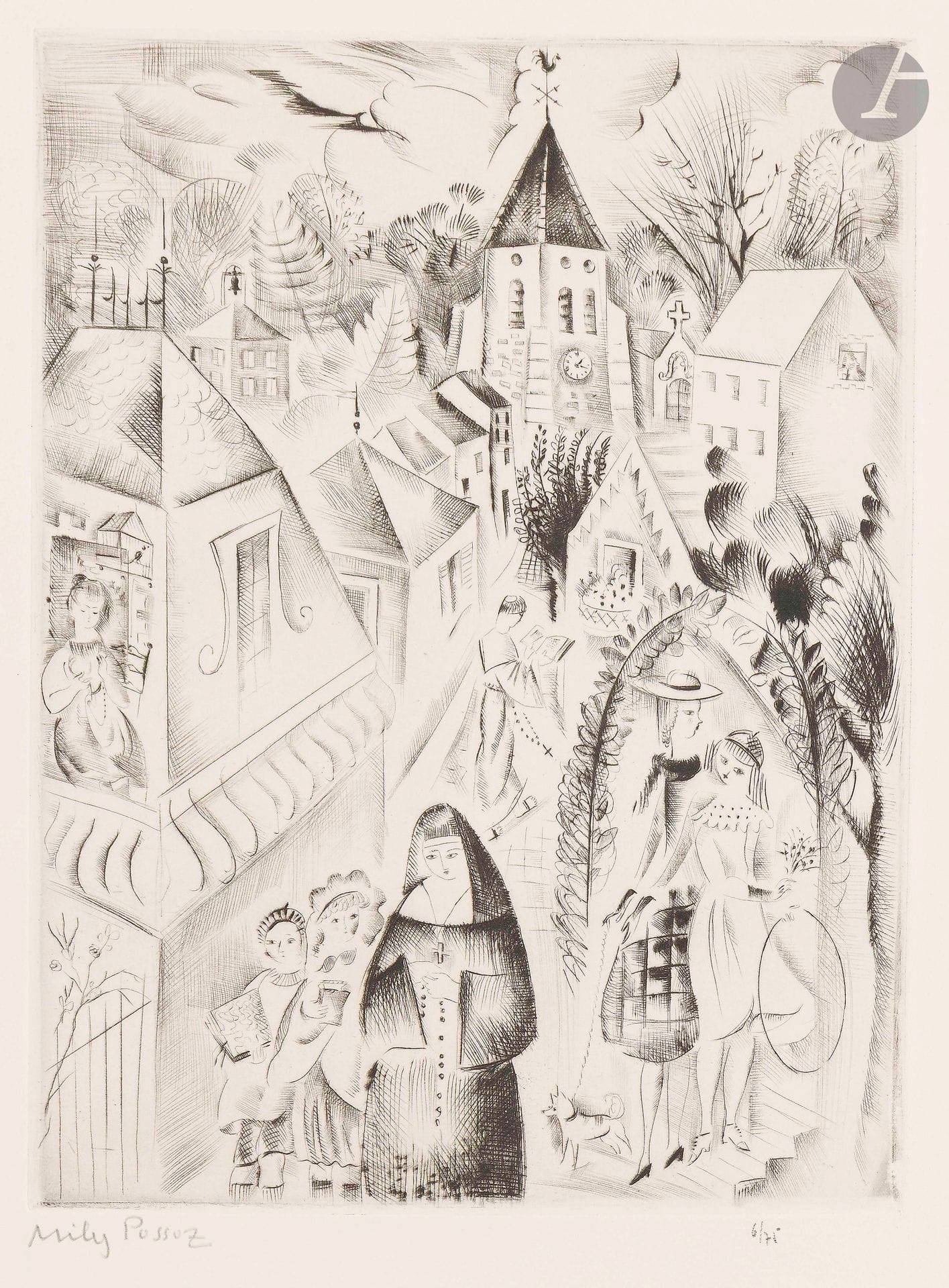 Mily Possoz (portugaise, 1888-1967)
Jeune fille au chat; Les Jeunes ménagères; Fontenay-sous-Bois, la rue de l’église. 1930. Pointe sèche. Formats divers. Impression en couleurs. Parfaites épreuves sur vélin blanc, la 2e tirée en couleurs, signées et numérotées au crayon. Toutes marges. Tirage à 75 ou 60 épreuves. Timbre sec: Marcel Guiot éd. (Lugt non décrit). Ens 3 p.