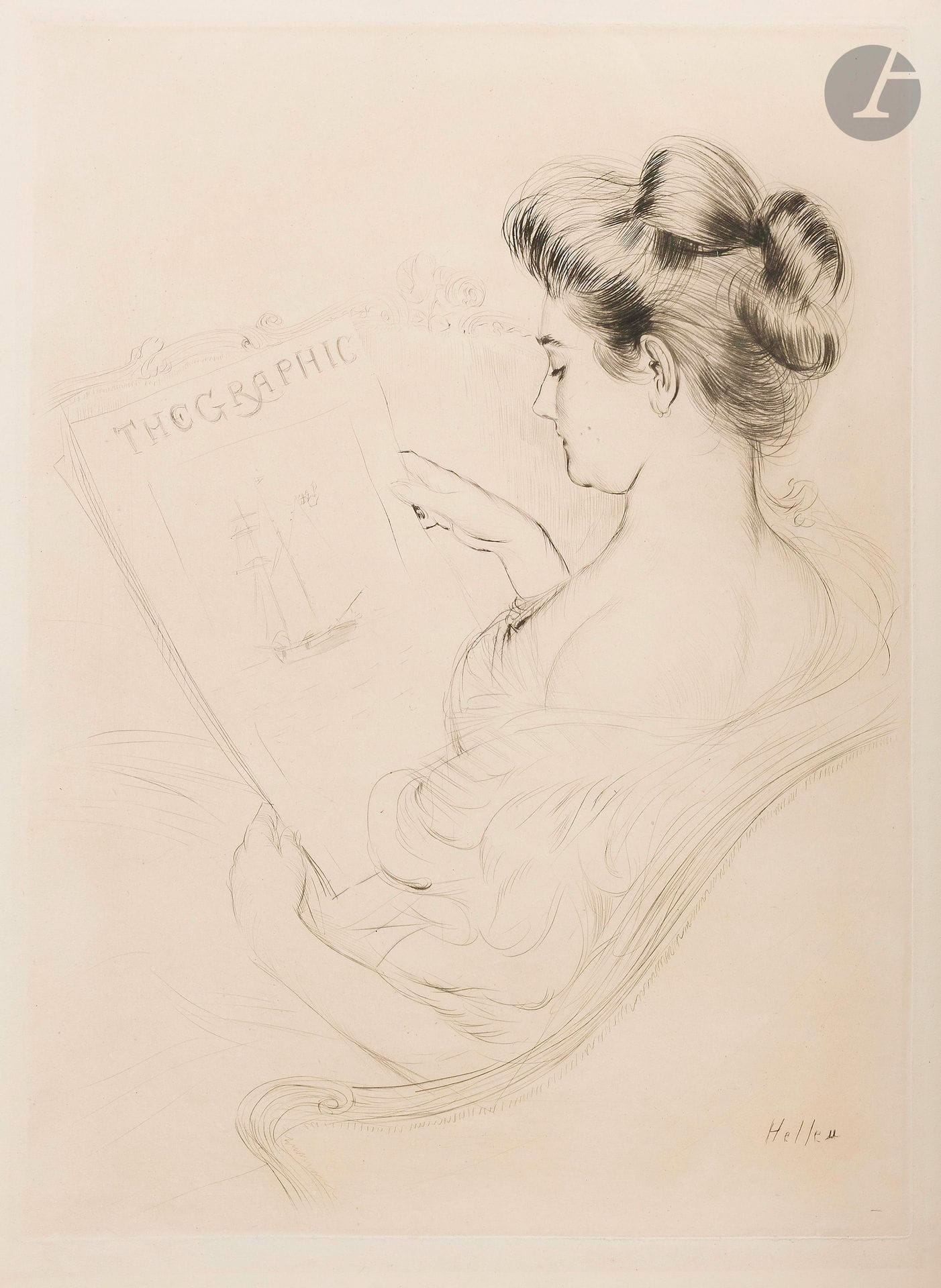 Paul-César Helleu (1859-1927)
Woman reading "The Graphic". Circa 1900. Drypoint. 345x495mm. Very fine proof on vellum. Minor dusting or oxidation to edges. Full margins.