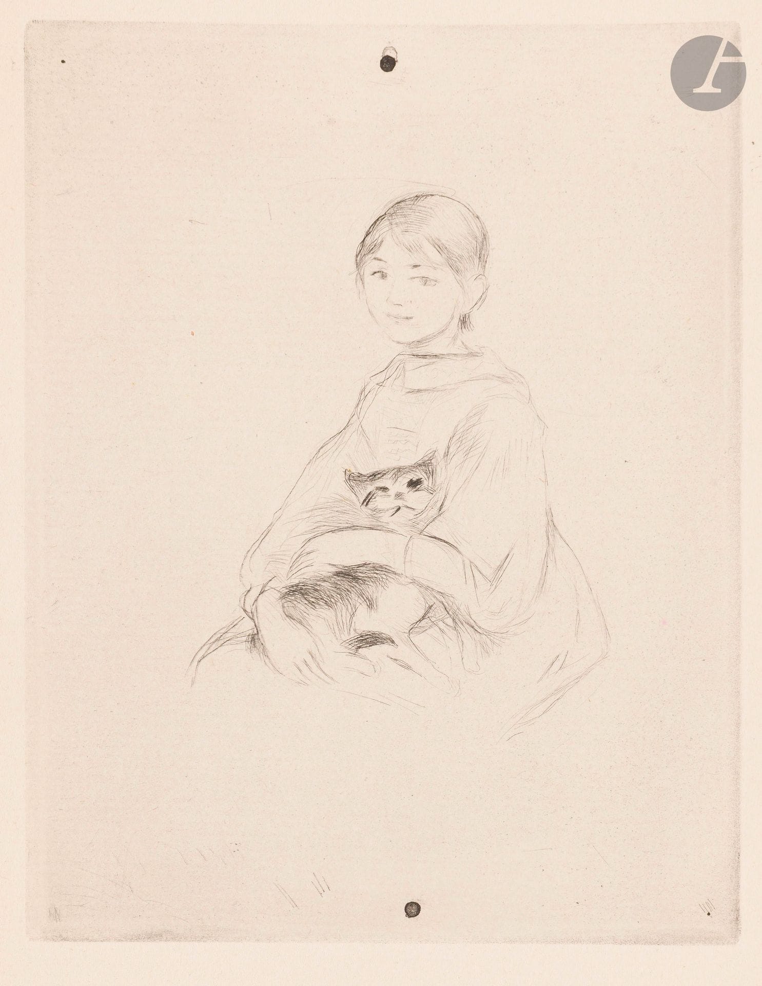 Berthe Morisot (1841-1895)
Fillette au chat (Julie Manet). Vers 1889. Pointe sèche. 120x150mm. Bailly-Herzberg VI. Très belle épreuve sur vergé crème, du tirage à petites marges effectué sur le cuivre percé pour parution dans Théodore Duret, Histoire des peintres impressionnistes, Paris, Floury, 1922.