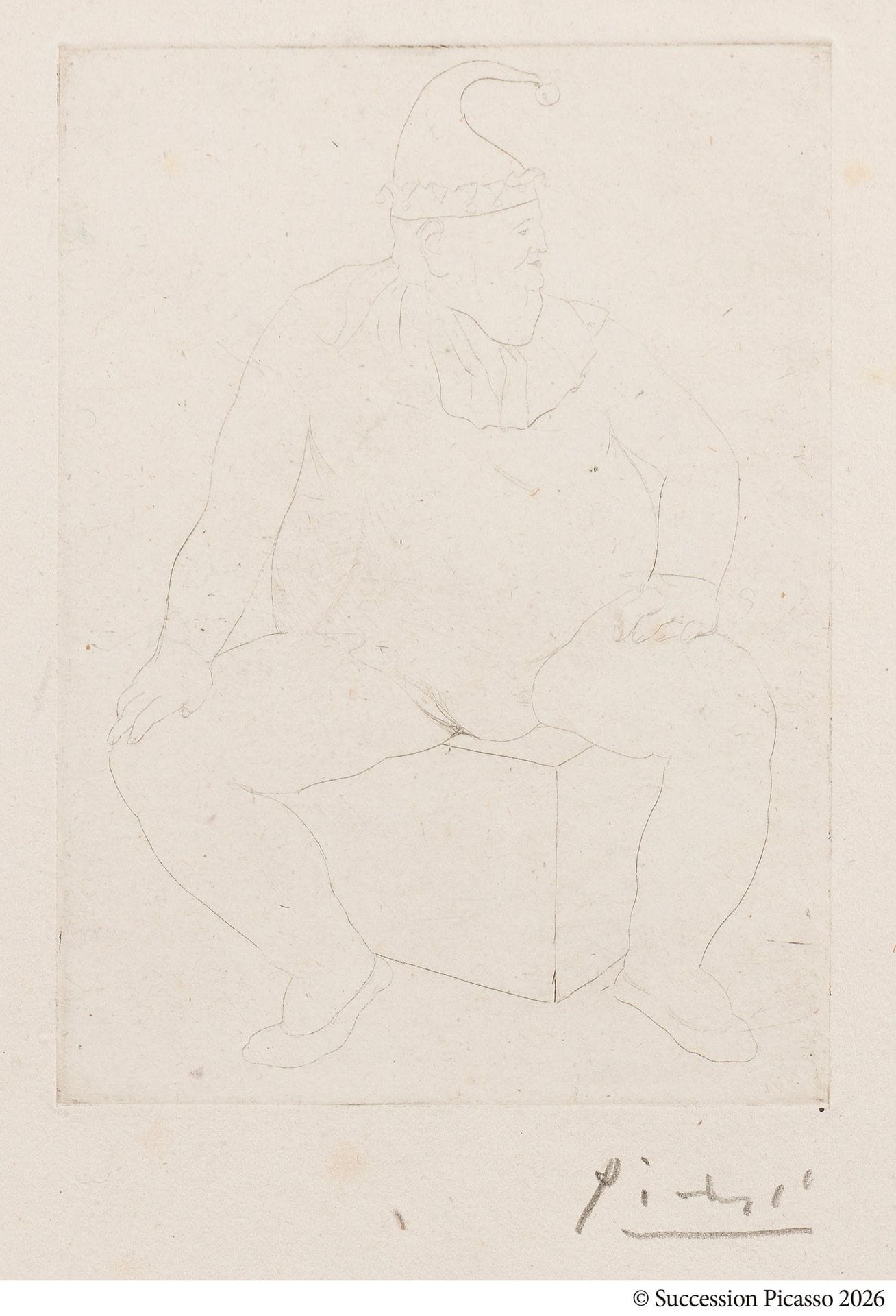 Pablo Picasso (1881-1973)
Le Saltimbanque au repos. (Pl. de la suite Les Saltimbanques). 1905. Pointe sèche. 85x120mm. Bloch 10; Baer 12. Très belle et rare épreuve d’essai sur vergé ancien, d’un tirage effectué par Delâtre, avant l’aciérage et les biseaux, antérieure au tirage de 1913 effectué par Fort pour Vollard, signée au crayon. Annotation en pied au crayon de la main de H.M.Petiet: «1er état ND [= non décrit]». Très légères salissures et menues ondulations aux bords du feuillet. Toutes marges (celle de gauche irrégulière – d’origine). 

Provenance: 
Ambroise Vollard (1866-1939) puis Henri Marie Petiet (1894-1980).

Le personnage figure sur un dessin où il est identifié comme «El tio Pepe Don José / a 40 años». «Un petit nombre d’épreuves (probablement une douzaine) tirées par Delâtre, la plupart signées». (Baer).