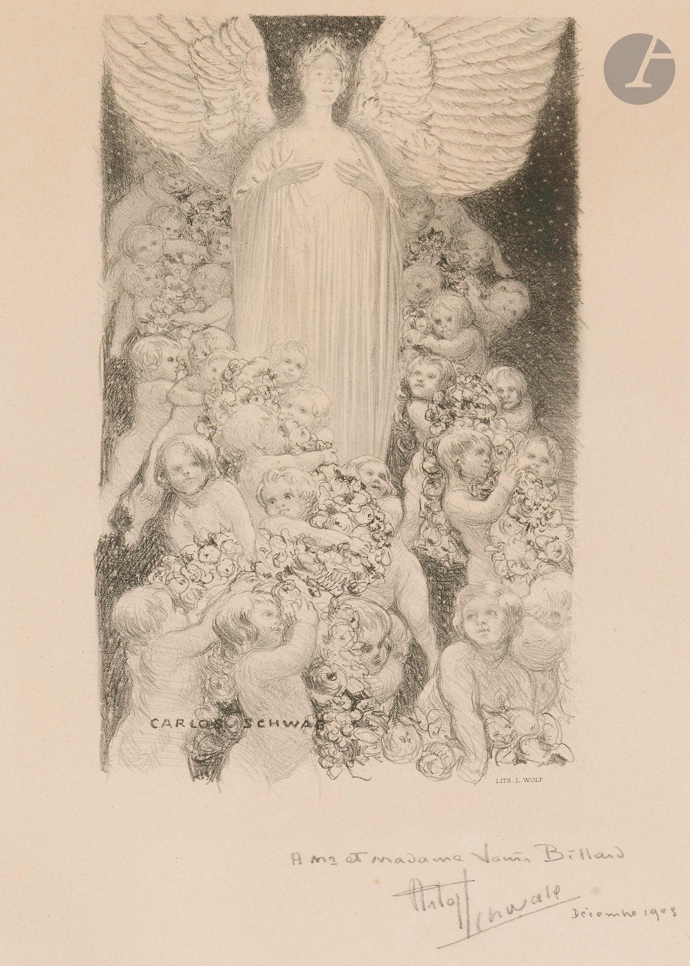 Carlos Schwabe (1866-1926)
Allégorie symboliste avec ange couronné et putti. 1903. Lithographie. À vue: 430x595mm. Très belle épreuve sur vélin ivoire, dédicacée «A Mr et Madame Janin Billard», signée et datée «Décembre 1903» au crayon. Infimes rousseurs. Toutes marges. Cadre (non examinée hors du cadre).