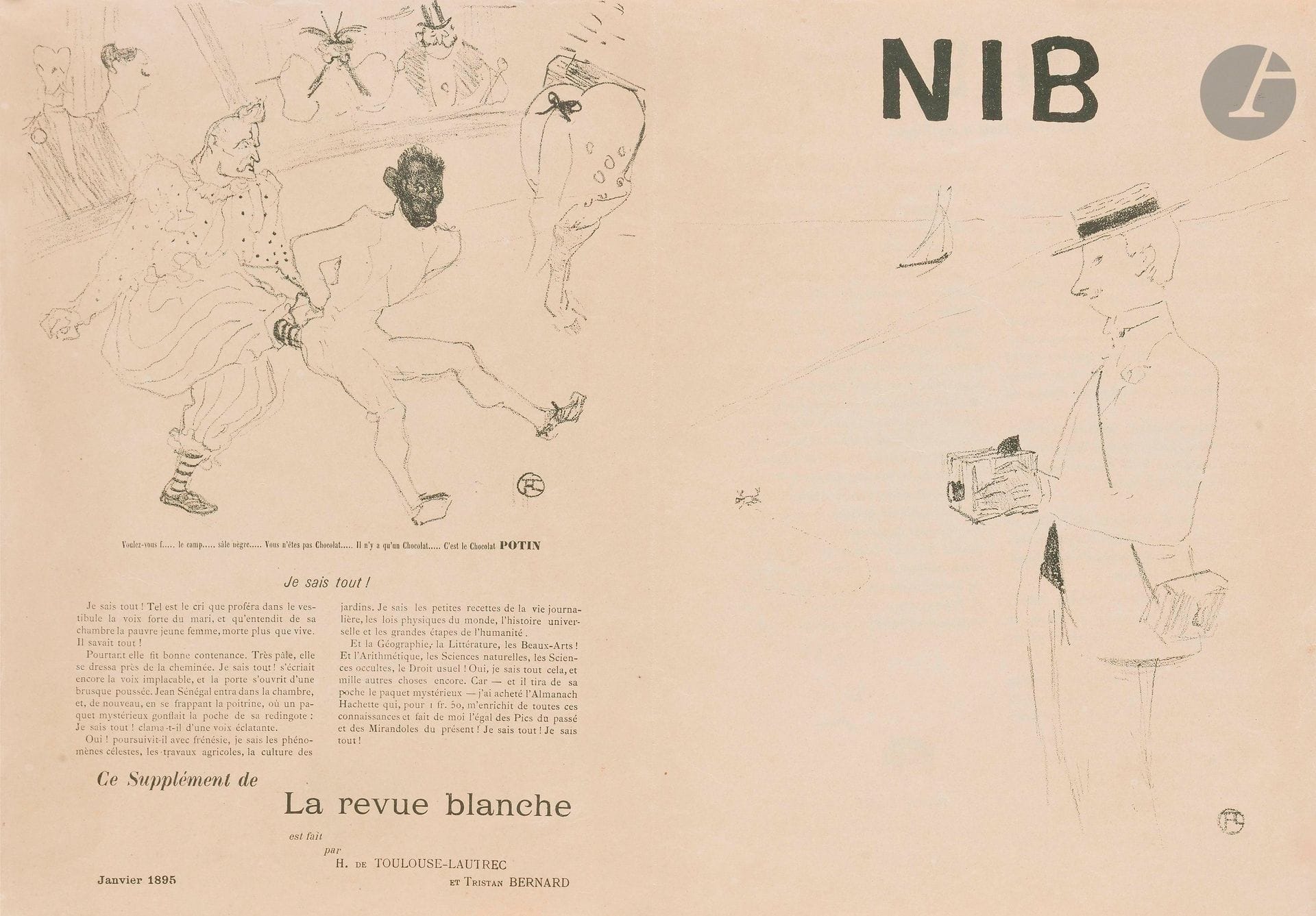 Henri de Toulouse-Lautrec (1864-1901)
Nib. Supplément à la Revue Blanche. Janvier 1895. Texte de Tristan Bernard, illustré des sujets Le Photographe amateur, Footit et Chocolat et Anna Held, dans «Toutes ces Dames au Théâtre». Lithographie. [500x350mm] (feuillet déplié). Delteil 98, 99 et 100; Wittrock 86, 87 et 88. Très belle et fraîche épreuve imprimée recto-verso sur vélin mince chamois, le pli vertical médian peu marqué.