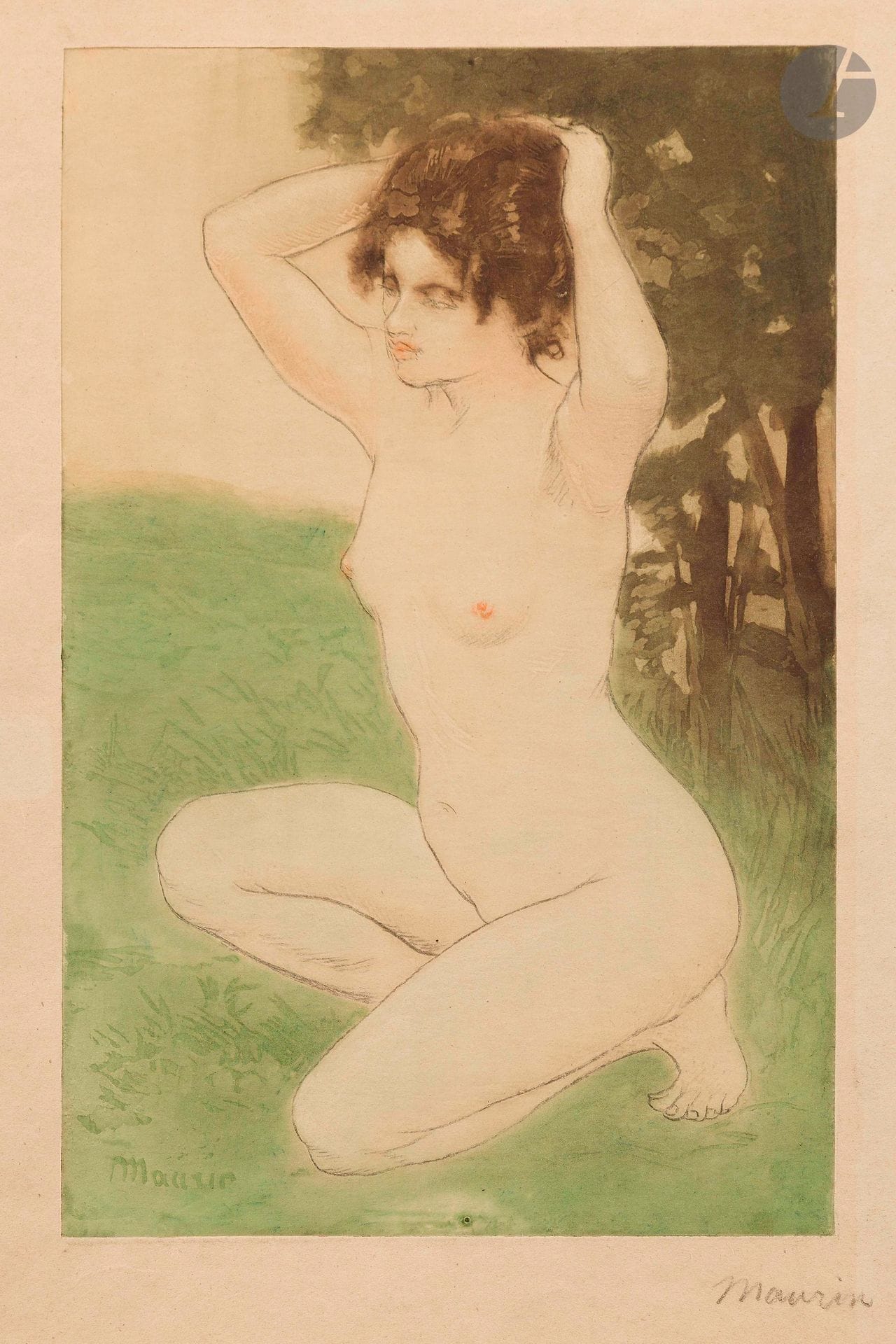 Charles Maurin (1856-1914)
Femme dans un champ. Vers 1910. Vernis mou et aquatinte. 200x315mm. Impression en couleurs. Belle épreuve sur vélin ivoire, signée au crayon puis titrée et numérotée à la plume et à l’encre en pied à droite par l’éditeur G. Pellet. Plis et infimes déchirures aux bords du feuillet. Petits arrachements dans les angles. Toutes marges. Timbre: G. Pellet (Lugt 1190).