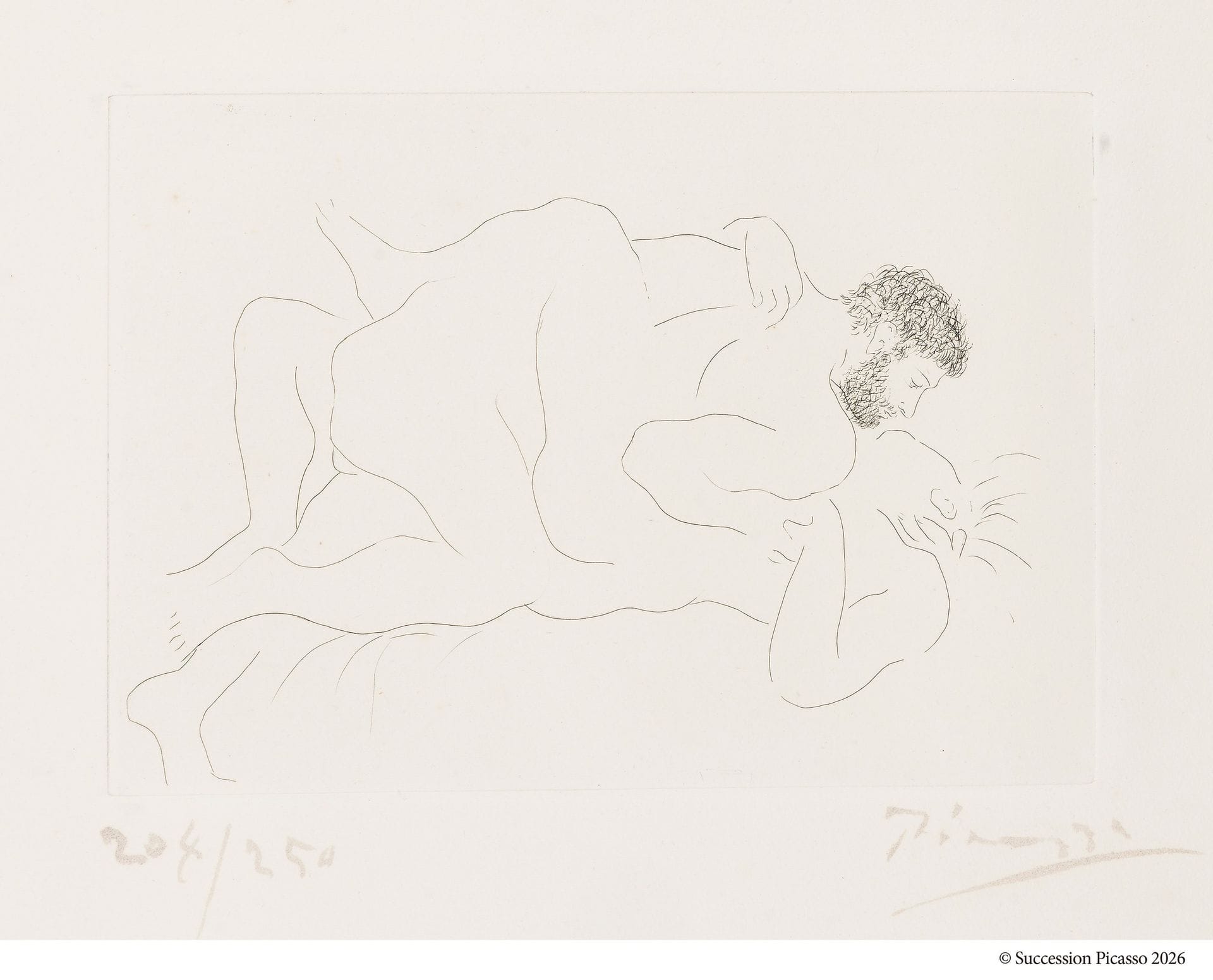 Pablo Picasso (1881-1973)
Man and Woman. 1927. Etching. 280x196mm. Bloch 77; Baer 118 b 2; Johnson 91. Very fine proof on strong white vellum, numbered and signed in brush and sepia ink. All margins untrimmed [580x550mm]. Edition of 250 proofs. A. Vollard ed. 

Provenance: 
Ambroise Vollard (1866-1939) then Henri Marie Petiet (1894-1980).