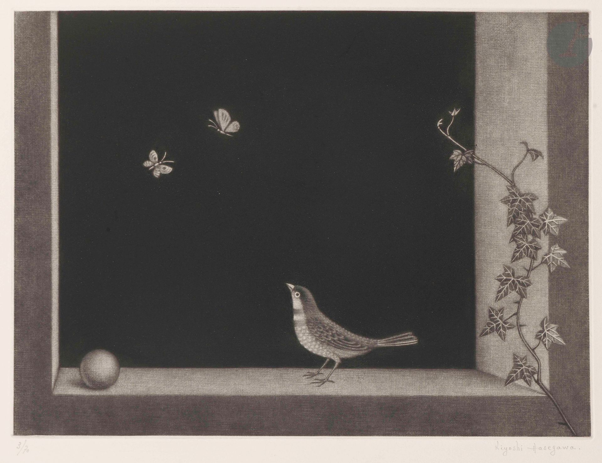 Kiyoshi Hasegawa (Japanese, 1891-1980)
Birds and butterflies. 1961. Manière noire. 360x264mm. Reifushobo 321. Very fine proof on white vellum, numbered and signed in pencil, then annotated lower left. Light trace of marginal oxidation at the opening of the mat. Full margins. Edition of 70 proofs.