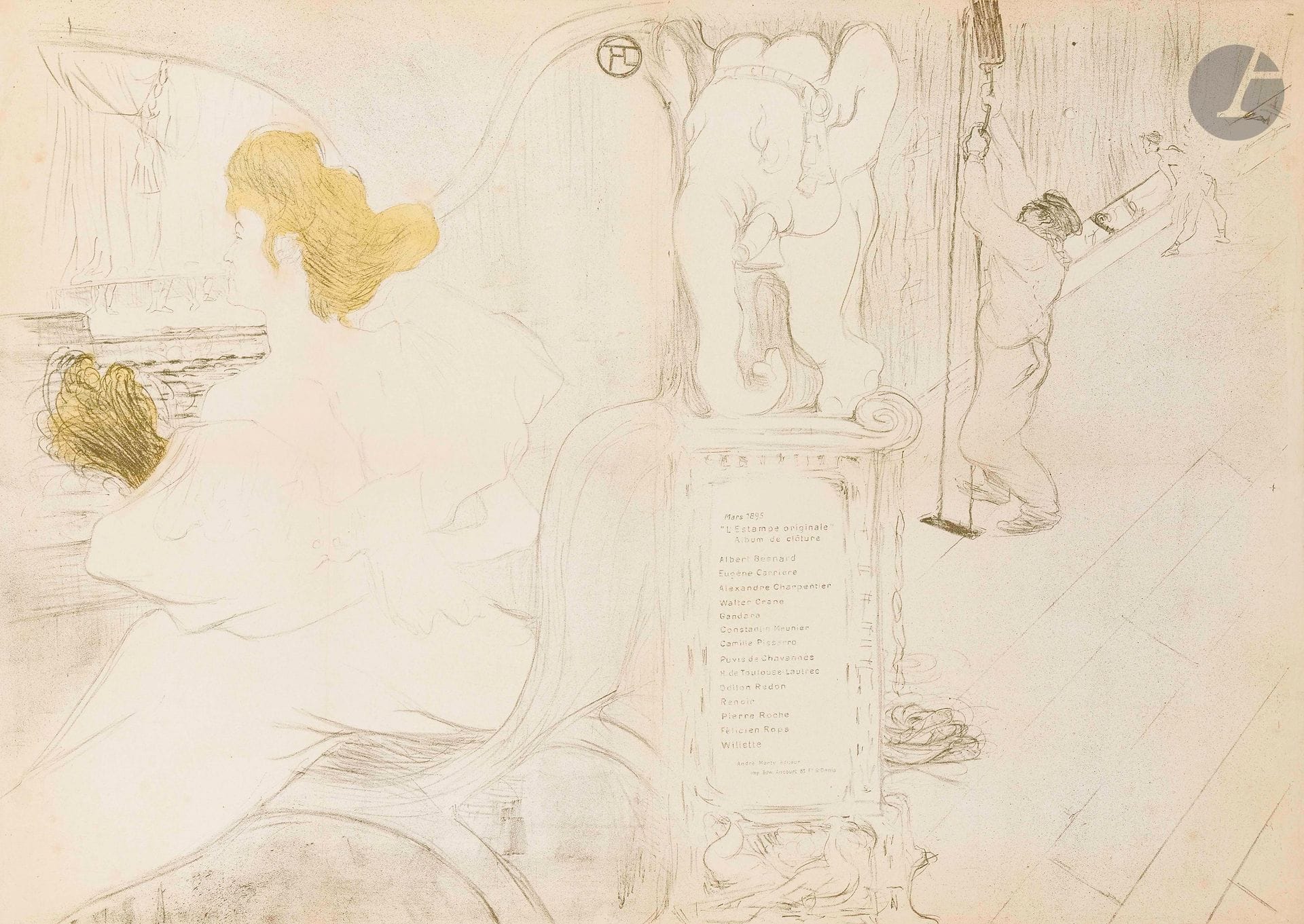Henri de Toulouse-Lautrec (1864-1901)
Couverture pour l’album de clôture de «L’Estampe Originale». Mars 1895. Lithographie. [825x590mm]. Delteil 127; Wittrock 96. Impression en couleurs. Belle épreuve sur vélin glacé ivoire, doublée sur vélin blanc et entoilée. Fins plis horizontal et vertical médians. Quelques rousseurs claires au bord gauche. Toutes marges. A. Marty éd.