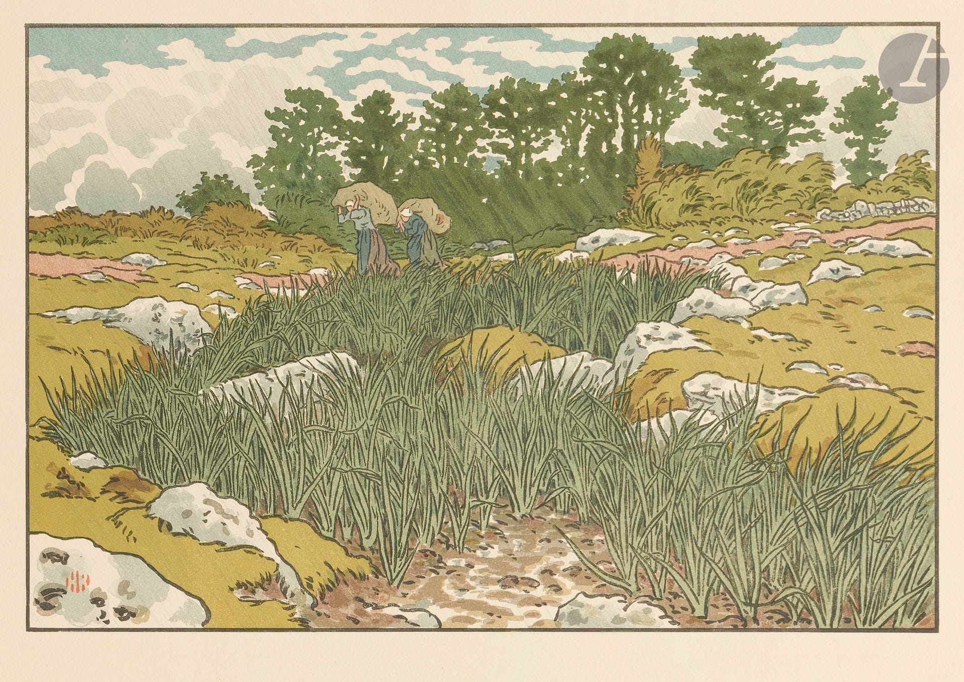 Henri Rivière (1864-1951)
Ruisseau à Lopérec. (Pl. pour Le Beau pays de Bretagne). 1901. Lithographie. 350x230mm. Levasseur-Le Bohec 81. Impression en couleurs. Très belle et fraîche épreuve sur vélin glacé ivoire. Toutes marges.