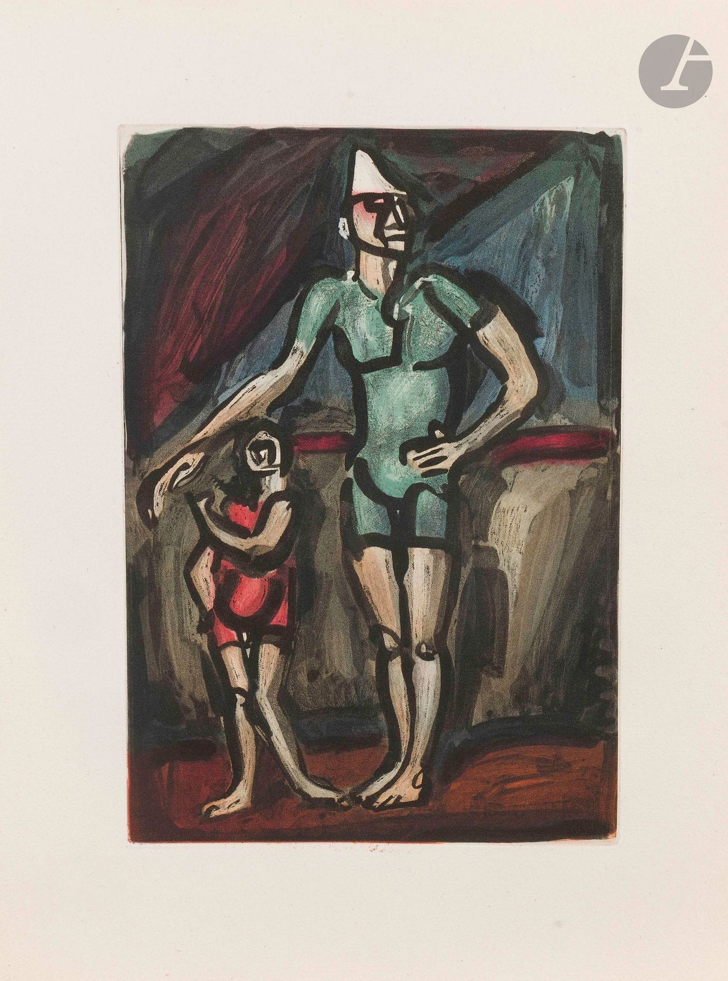 Georges Rouault (1871-1958)
Clown et enfant. (Pl. pour A. Suarès, Cirque, Paris, A. Vollard, 1930). Aquatinte. 210x310mm. Chapon et Rouault 201. Impression en couleurs. Parfaite épreuve sur vergé de Montval. Toutes marges. Tirage à 110 épreuves.