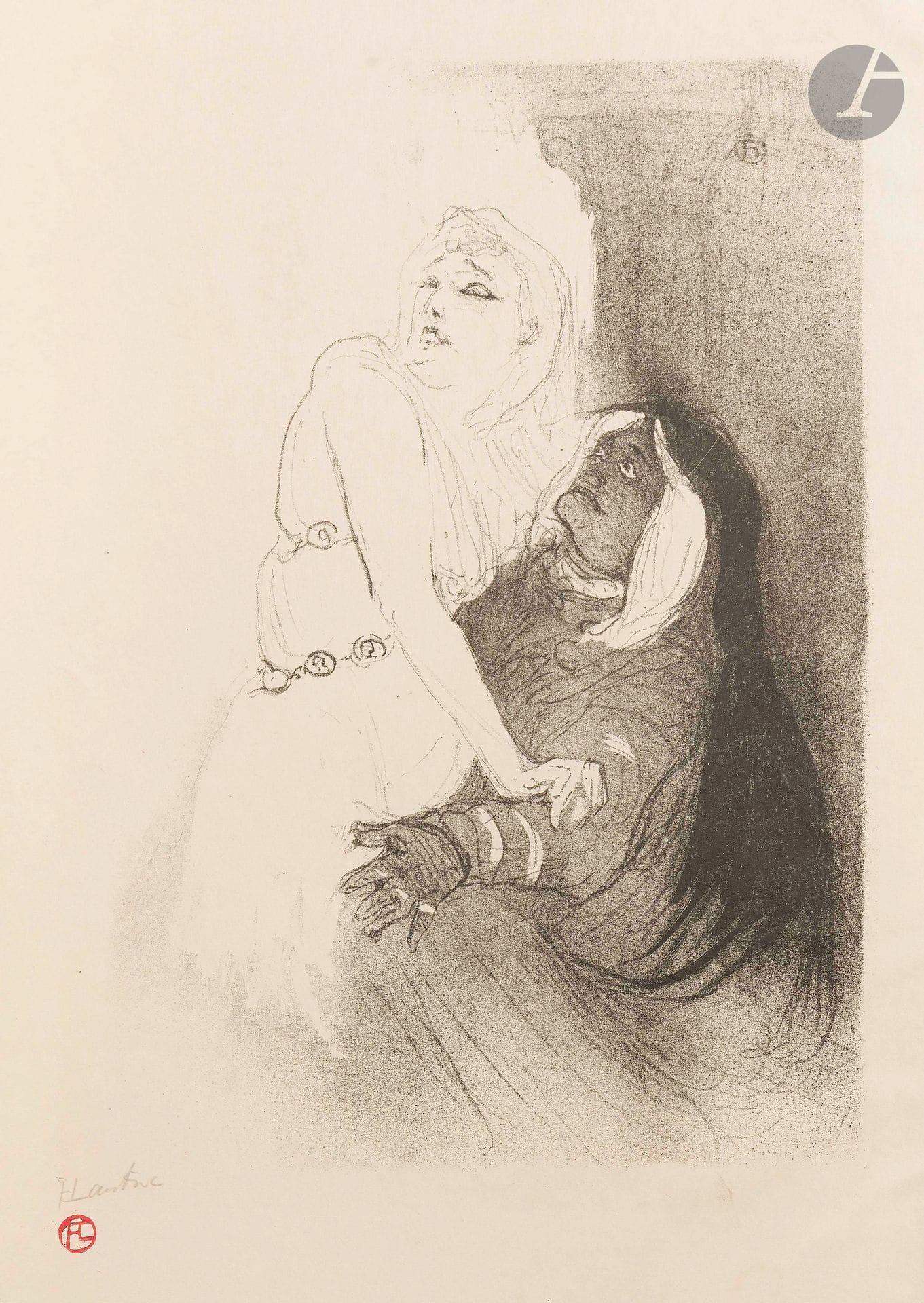 Henri de Toulouse-Lautrec (1864-1901)
À La Renaissance: Sarah Bernhardt dans «Phèdre». 1893. Lithographie. 230x335mm. Delteil 47; Wittrock 37. Très belle épreuve sur vélin glacé ivoire, signée et revêtue du timbre rouge de l’artiste (Lugt1338). Traces de colle et restes de montage dans les angles au verso, avec petites traces d’oxydation au bord gauche en pied. Toutes marges. [310x460mm]. Tirage à 100 épreuves (dont plus de la moitié timbrées). Sujet édité par L’Escarmouche et reproduit dans le numéro du 24 décembre 1893.