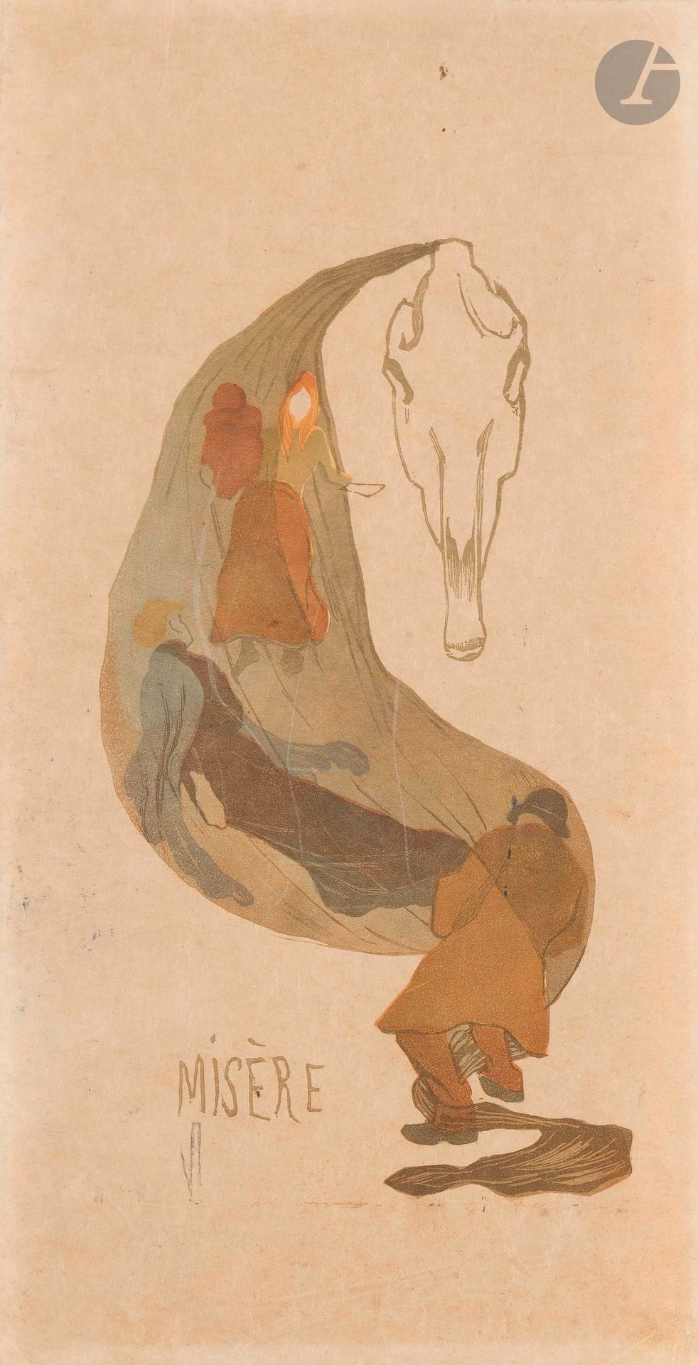 Amédée Joyau (1872-1913)
Misère. 1896. Bois gravé. [166x320mm]. I.F.F. 1-5. Impression en couleurs. Très belle épreuve sur vélin mince ivoire. Fines traces de plis. Petites marges.