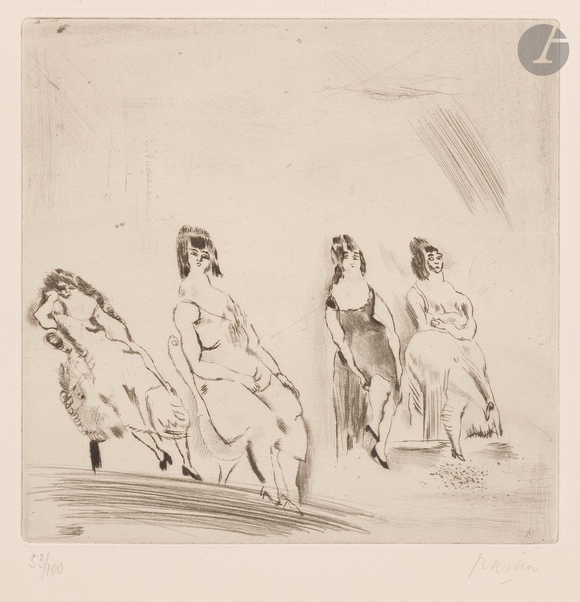 Jules Pascin (Julius Mordecai Pincas, dit) (1880-1930)
Une, deux, trois, quatre dames. 1924. Pointe sèche. 180x178mm. Rambert 118. Parfaite épreuve sur vélin crème, numérotée et signée au crayon. Toutes marges. Tirage à 100 épreuves.