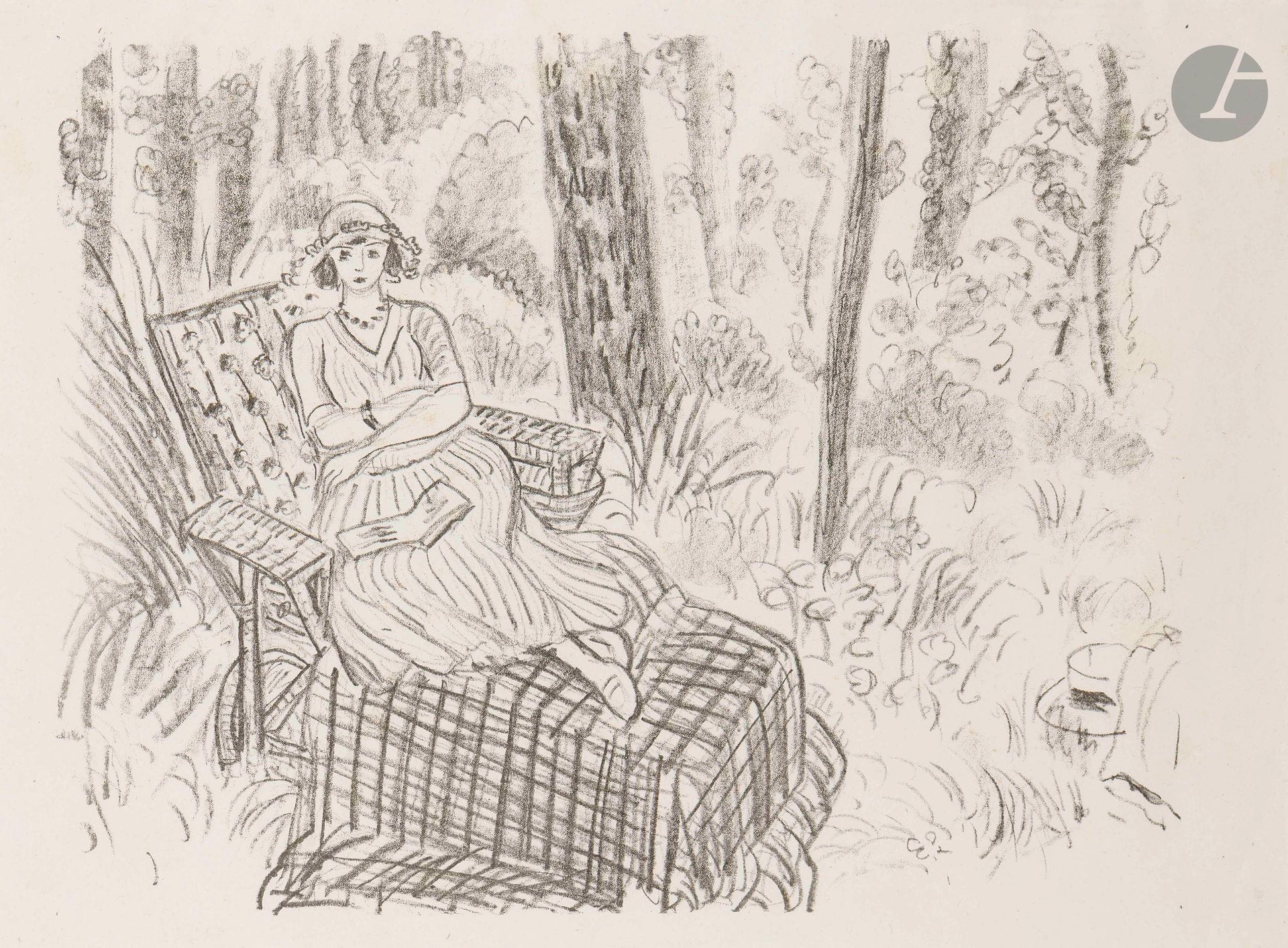Henri Matisse (1869-1954)
Jeune fille à la chaise longue dans un sous-bois. 1922. Autographie. À vue: 590x445mm. Duthuit-Garnaud 425. Très belle épreuve d’essai sur chine volant, ni signée ni numérotée. Petite annotation d’ancien propriétaire au crayon en bas à droite: «GG [= Guy Georges, directeur de l’imprimerie lithographique Clot, Bramsen et Georges]». Toutes marges. Cadre (non examinée hors du cadre). Étiquette d’exposition «Matisse au Japon» au verso. 

Provenance:
Succession d’Auguste Clot (1858-1936), imprimeur lithographe.
