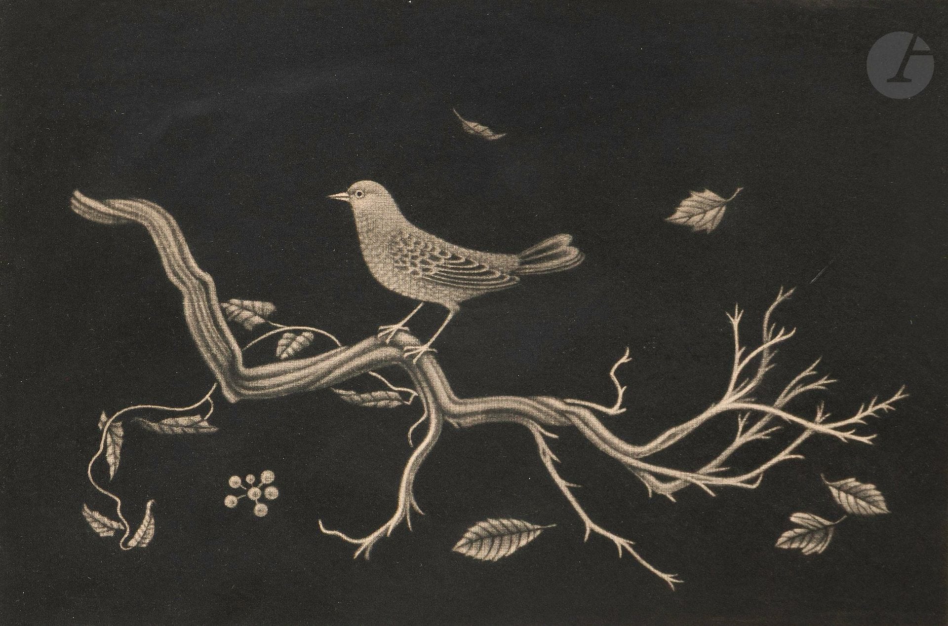 Kiyoshi Hasegawa (Japanese, 1891-1980)
Bird on root. 1960. Manière noire. 290x195. Reifushobo 318. Very fine proof on cream vellum, numbered and signed in pencil, slightly sunned. Watermark "bfk Rives" very apparent at lower right edge. Full margins. Edition of 100 proofs. Framed (not examined out of frame).