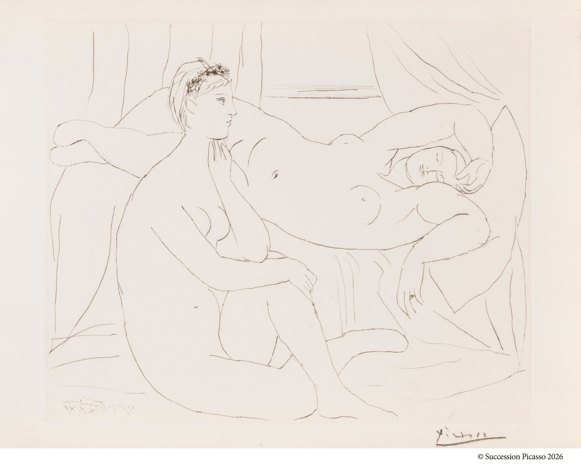 Pablo Picasso (1881-1973)
Deux femmes se reposant. (Suite Vollard, pl. 10). 29 septembre 1931. Pointe sèche. 298x368 [445x338mm]. Bloch 143; Baer 210 B d. Parfaite épreuve sur vergé de Montval filigrané «Picasso», du tirage à 260 épreuves à petites marges, signée au crayon. 

Provenance: 
Ambroise Vollard (1866-1939) puis Henri Marie Petiet (1894-1980).