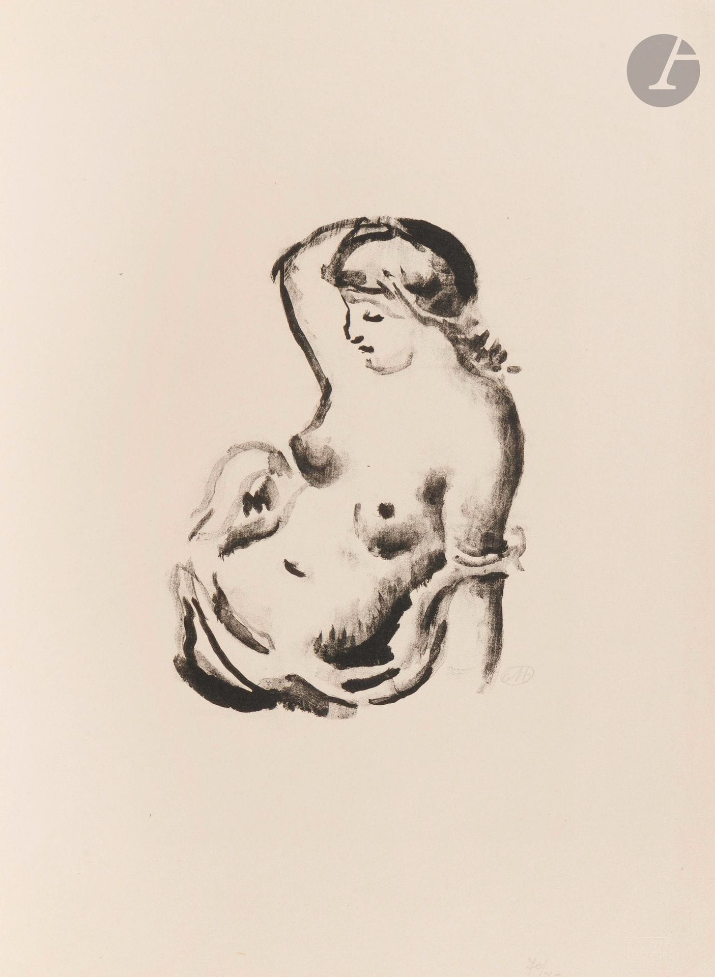 Aristide Maillol (1861-1944)
Seated woman, mid-body view. 1927. Lithographic wash. 130x185mm. Guérin 290. Perfect proof on japon, signed with the monogram in pencil and numbered at the foot of the sheet. Full margins. Edition of 75 proofs. Dry stamp: H. Petiet éditeur Paris (Lugt 2021a).