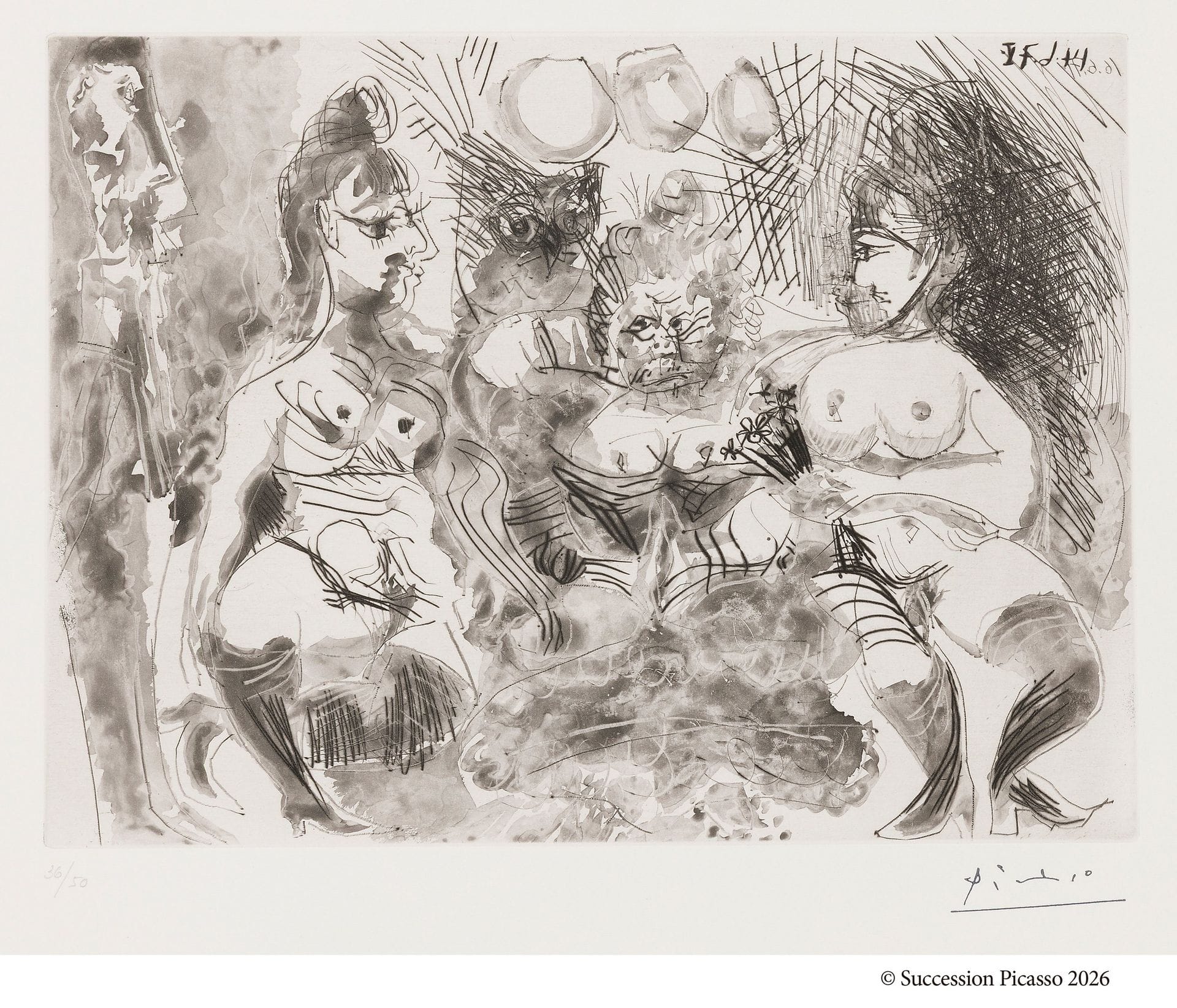 Pablo Picasso (1881-1973)
La Maison Tellier. La fête de la patronne, hibou, Degas appuyé au mur. (Les 156, pl. 152). 14-16 juin 1971. Aquatinte, pointe sèche et grattoir. 307x229mm. Bloch 2007; Baer 2017. Parfaite épreuve sur vélin blanc, numérotée au crayon et revêtue du timbre de la signature (Lugt 2026e). Toutes marges. Tirage à 50 épreuves. Galerie Louise Leiris éd. (1978).