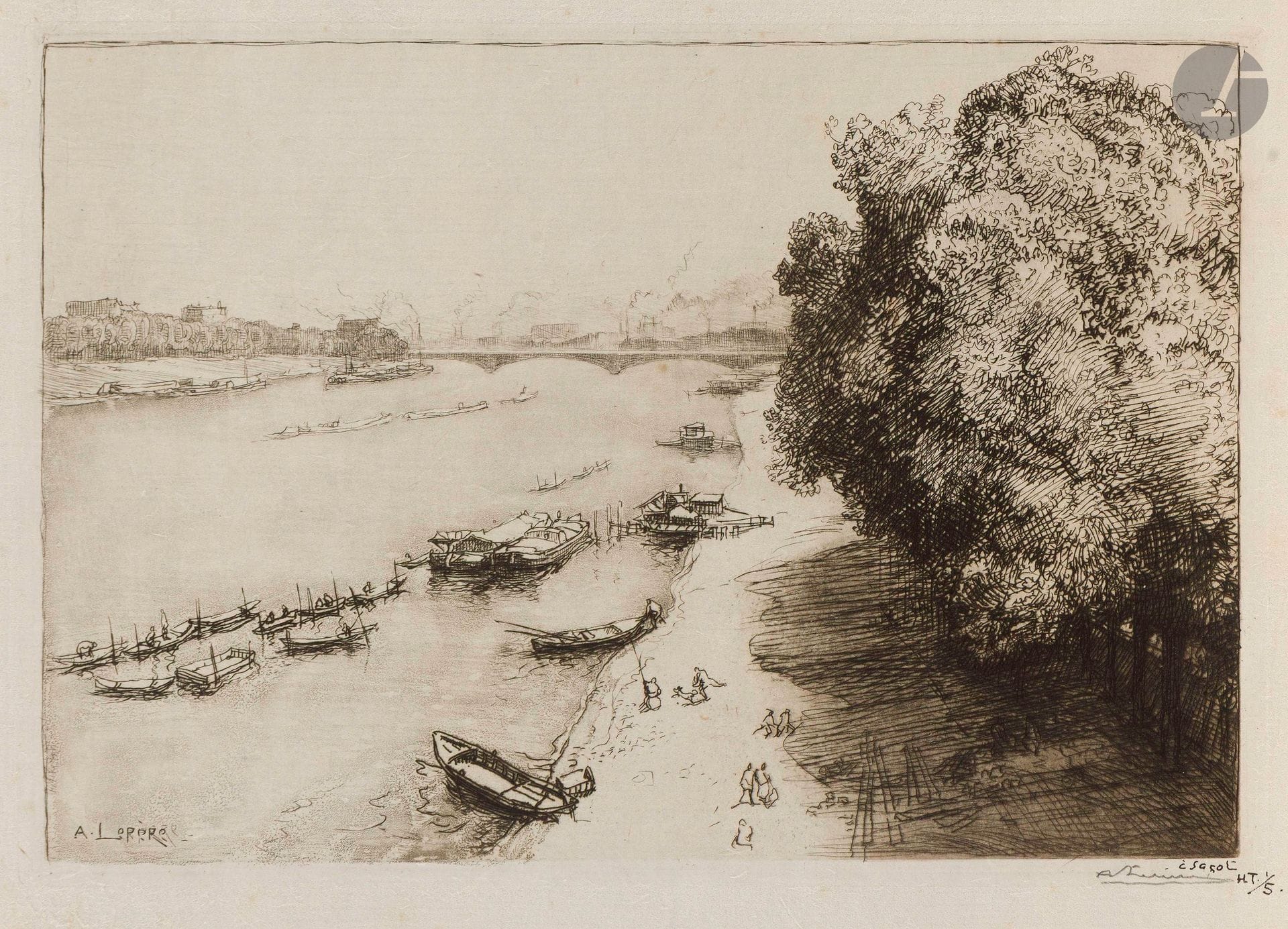 Auguste Lepère (1849-1918)
La Seine au Pont National. 1909. Eau-forte et aquatinte. 225x150mm. Texier-Bernier370. Très belle épreuve sur japon vergé mince, signée au crayon puis annotée à la plume et à l’encre «à Sagot / H.T. 1/5». Petite trace de colle dans l’angle inférieur gauche au verso (perceptible au recto). Toutes marges. Tirage définitif à 50 épreuves.