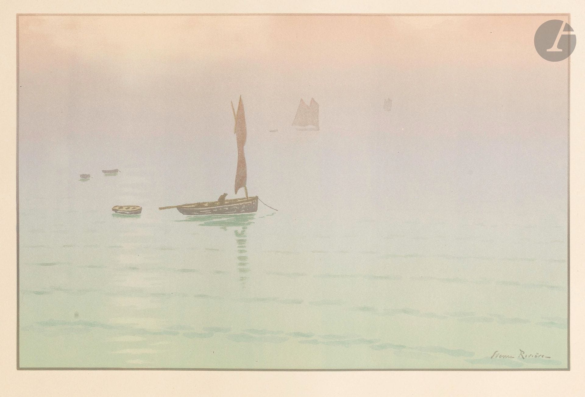 Henri Rivière (1864-1951)
Brume en mer. (Pl. pour Le Beau pays de Bretagne). 1915. Lithographie. 355x230mm. Levasseur-Le Bohec 95. Impression en couleurs. Très belle et fraîche épreuve sur vélin glacé ivoire. Toutes marges.