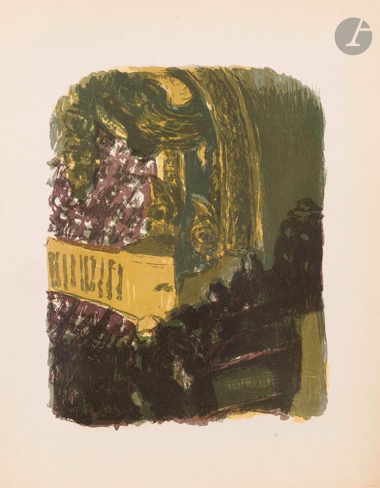 Édouard Vuillard (1868-1940)
A Gallery at the Gymnasium. 1900. Lithograph. 196x250mm. Roger-Marx 48. Very fine and fresh proof on glazed vellum. Slight trace of oxidation at the edges of the folio. On verso, publisher's stamp Insel Verlag (Lugt 2861). Full margins.