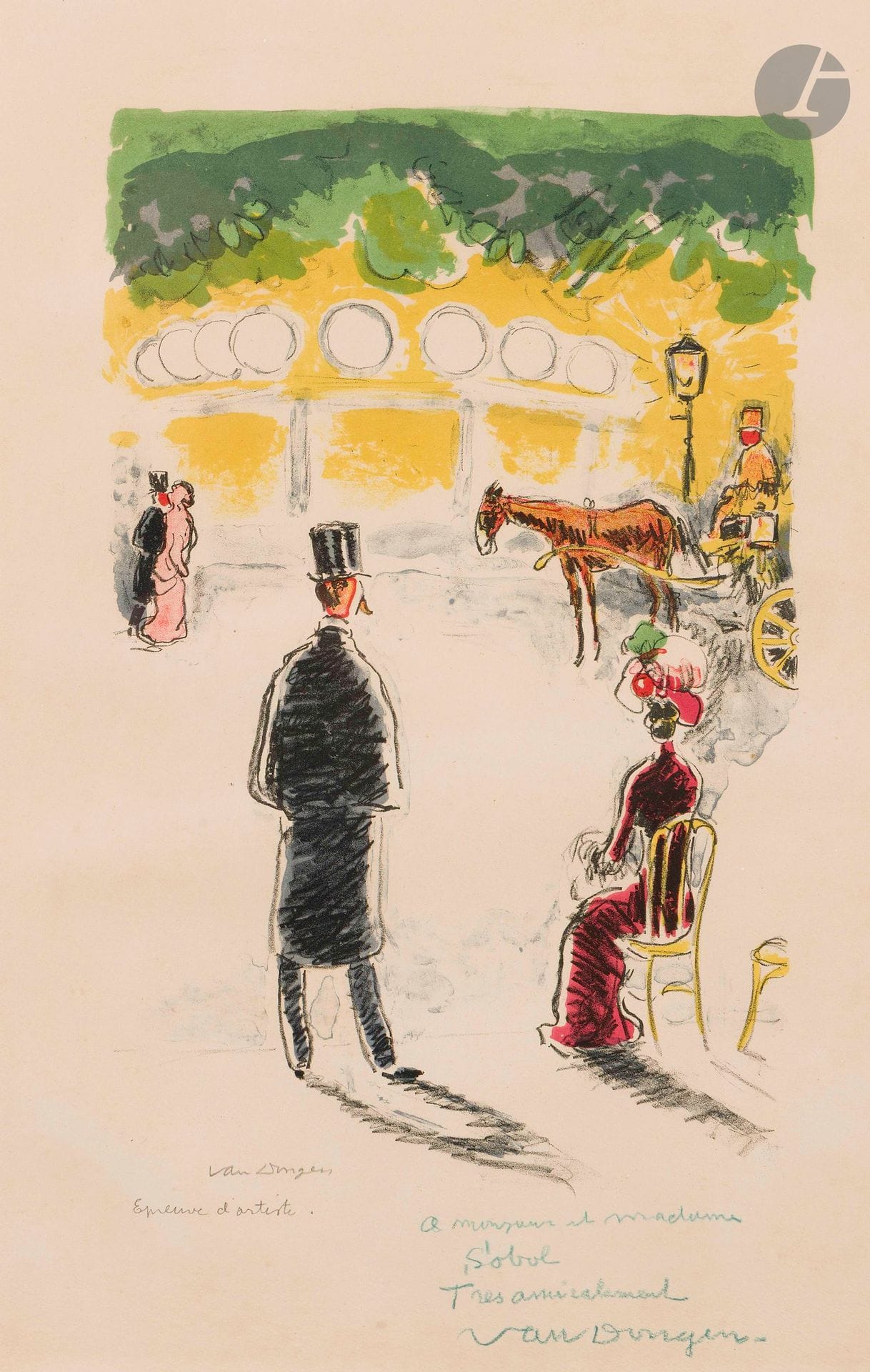 Kees Van Dongen (1877-1968)
The Carrousel and the carriage, or 1900. Circa 1950. Lithograph. Sight: 370x560mm. Juffermans (2003) L27.color print. Very fine proof on heavy cream vellum, signed and annotated "Epreuve d'artiste" in pencil, then dedicated in blue pencil: "à Monsieur et Madame / Sobol / Très amicalement/ Van Dongen". Scattered foxing. Full margins. Final edition of 200 proofs. La Guilde de la Gravure ed. frame (not examined out of frame).