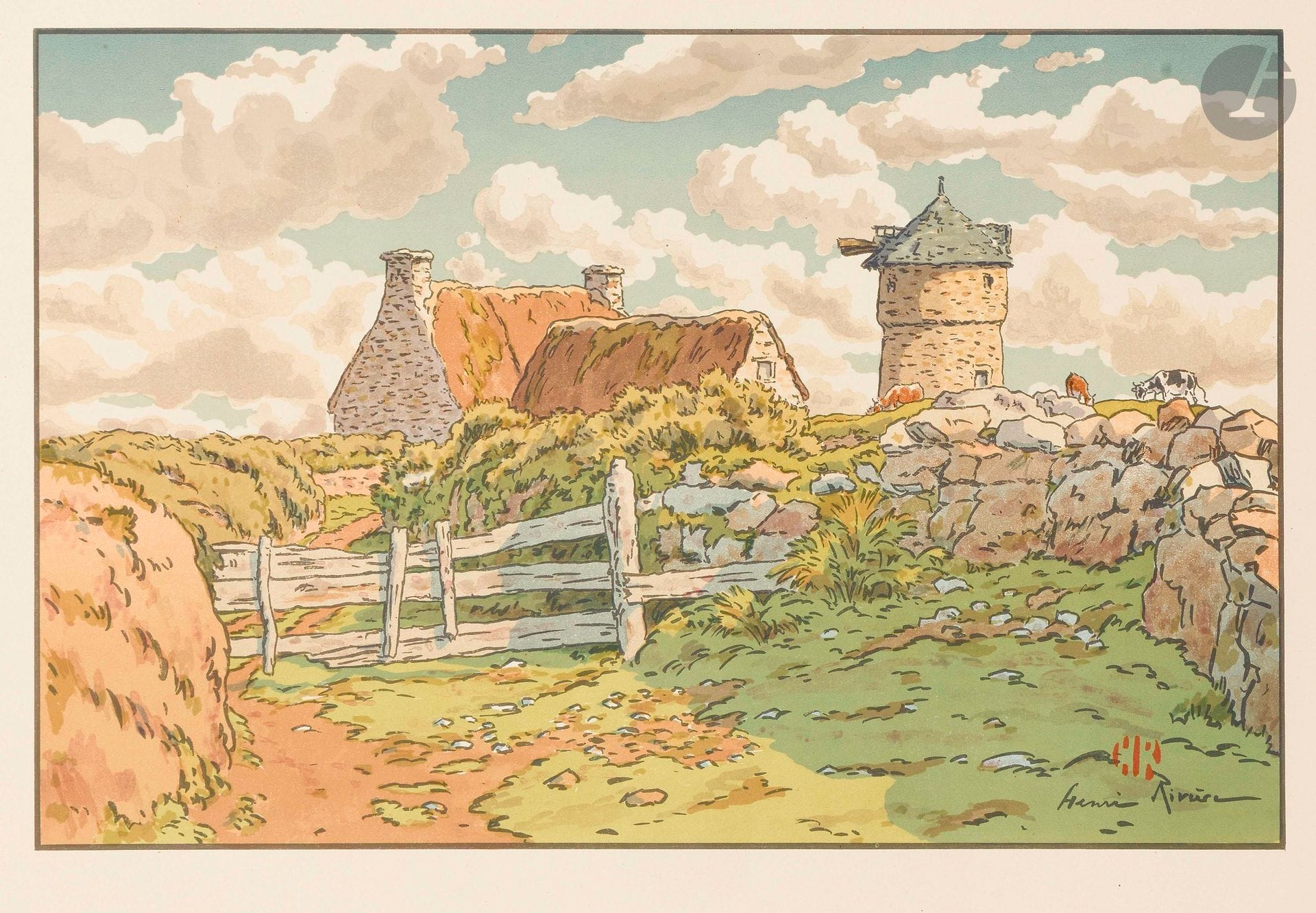 Henri Rivière (1864-1951)
Vieux moulin à Loguivy. (Pl. pour Le Beau pays de Bretagne). 1910. Lithographie. 355x228mm. Levasseur-Le Bohec 90. Impression en couleurs. Très belle et fraîche épreuve sur vélin glacé ivoire. Toutes marges.