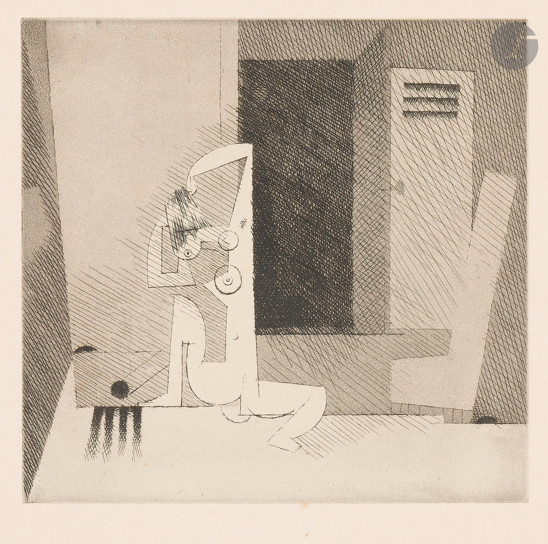 Louis Marcoussis (1883-1941)
La Toilette de la mariée. (Pl. IV pour les Eaux-fortes théâtrales pour Monsieur G…). 1933. Eau-forte et aquatinte. 180x175mm. Milet 94. Très belle épreuve sur vélin crème fort. Infime trace d’oxydation aux bords du feuillet. Toutes marges. Timbre de l’atelier au verso. 

Provenance:
Atelier de l’artiste.