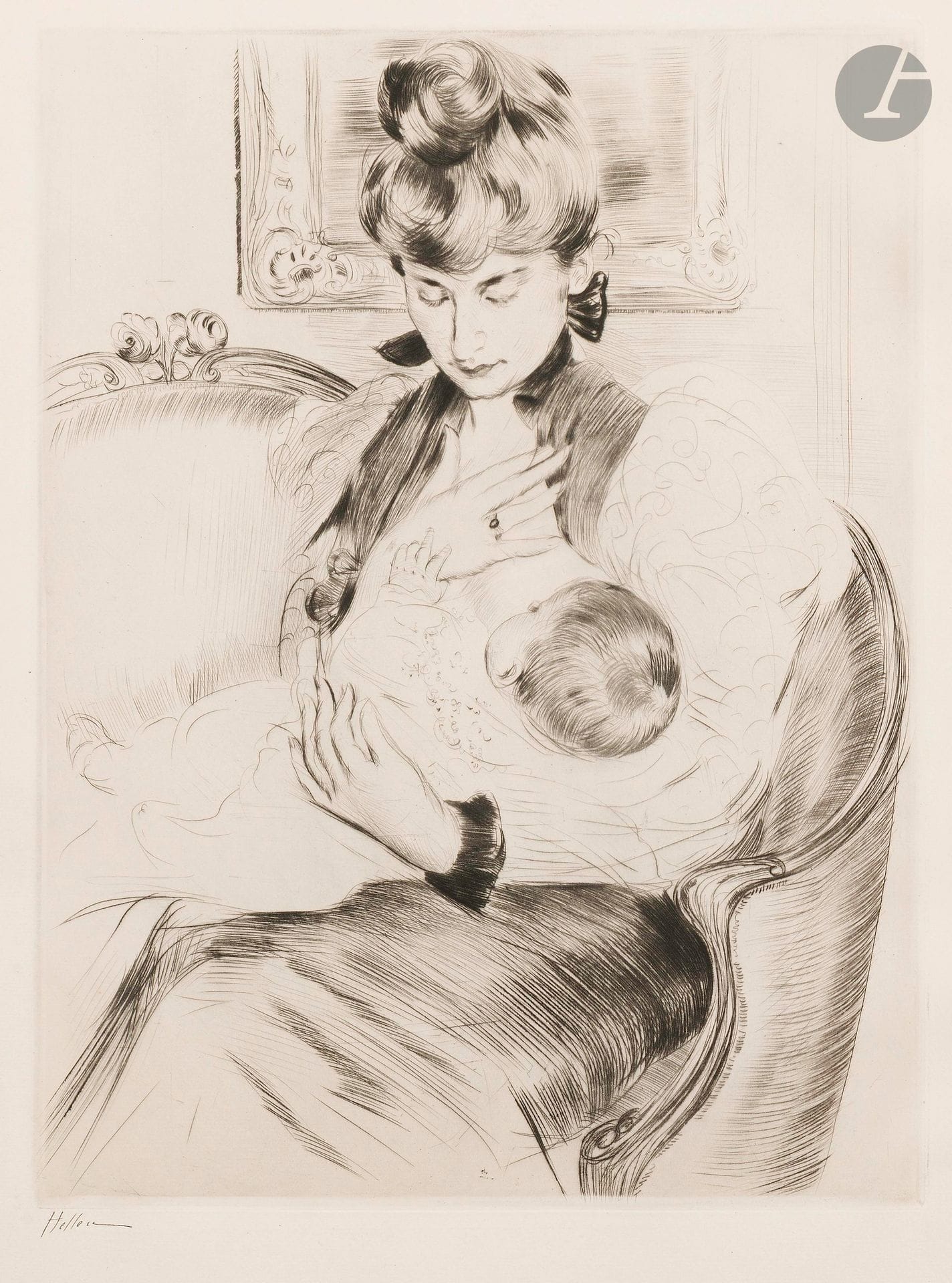 Paul-César Helleu (1859-1927)
Madame Helleu allaitant son enfant. Vers 1900. Pointe sèche. 315x415mm. Très belle et fraîche épreuve sur vergé blanc fort, signée à la plume et à l’encre. Toutes marges.