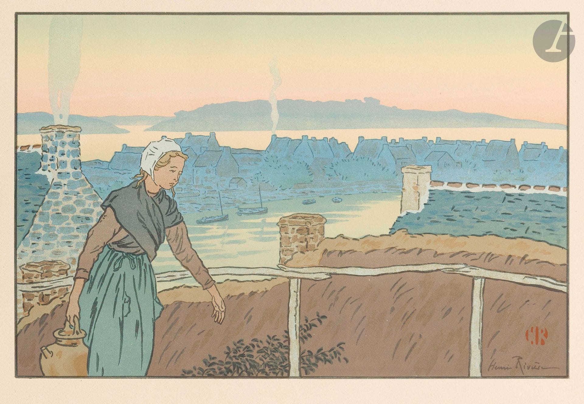 Henri Rivière (1864-1951)
Loguivy in the evening (Pl. for Le Beau pays de Bretagne). 1904. Lithograph. 350x227mm. Levasseur-Le Bohec 84. Printed in color. Very fine and fresh proof on ivory glazed vellum. Full margins.