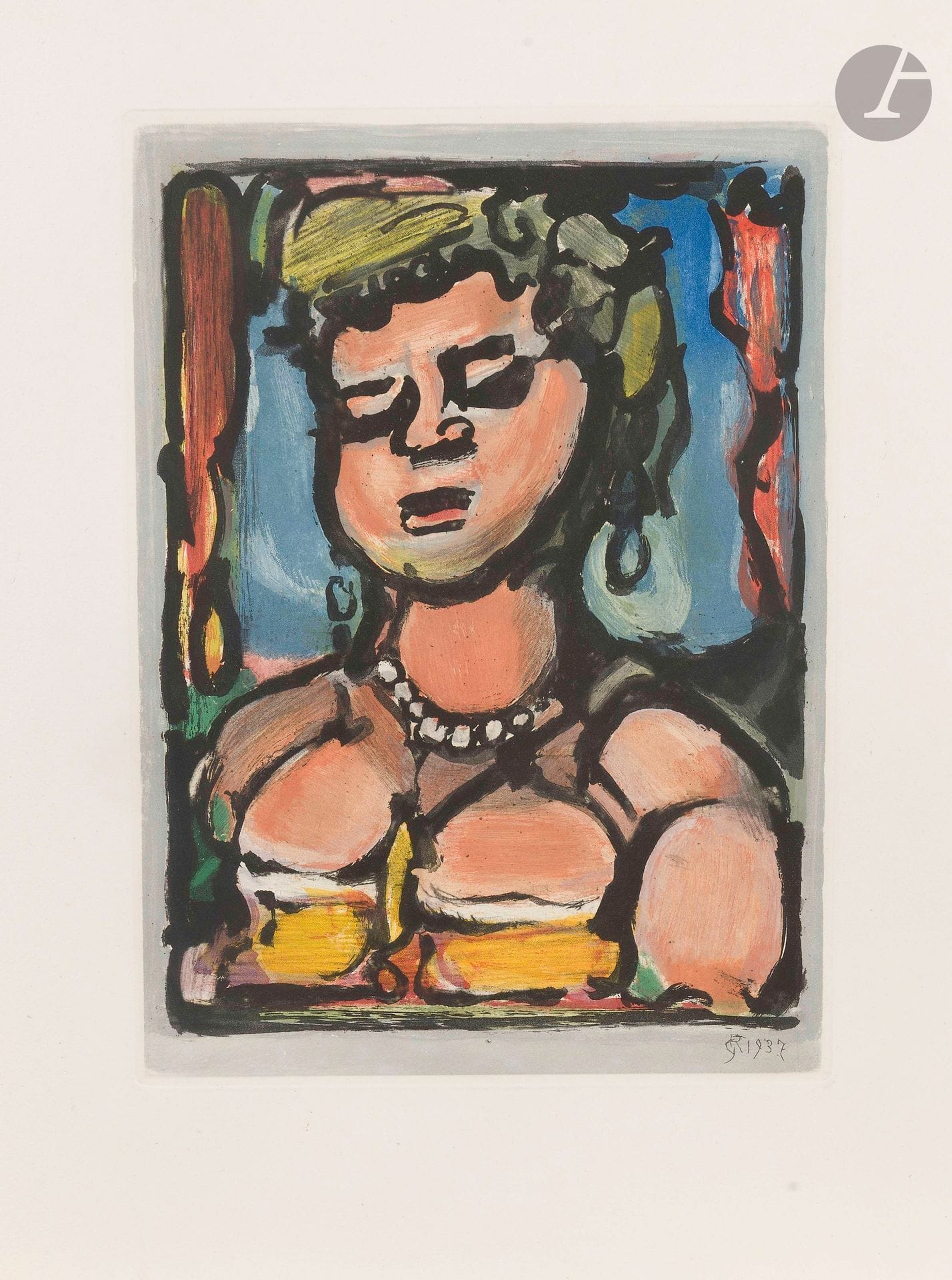 Georges Rouault (1871-1958)
Courtisane aux yeux baissés. (Pl. pour Les Fleurs du mal). 1937. Aquatinte. 220x305mm. Chapon et Rouault 276. Impression en couleurs. Parfaite épreuve sur vélin blanc fort de Montval. Toutes marges. Tirage à 250 épreuves.