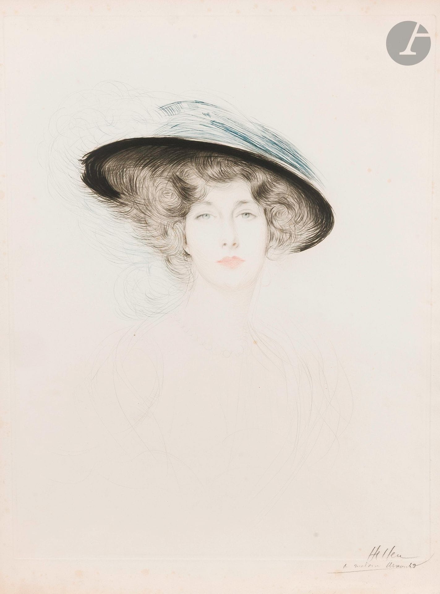 Paul-César Helleu (1859-1927)
Portrait de Liane de Pougy. Vers 1900. Pointe sèche. 448x574mm. Impression en couleurs. Très belle épreuve sur vélin blanc fort, signée au crayon et dédicacée «à Madame Arnould». Infime empoussiérage ou oxydation aux bords. Quelques rousseurs claires. Toutes marges.