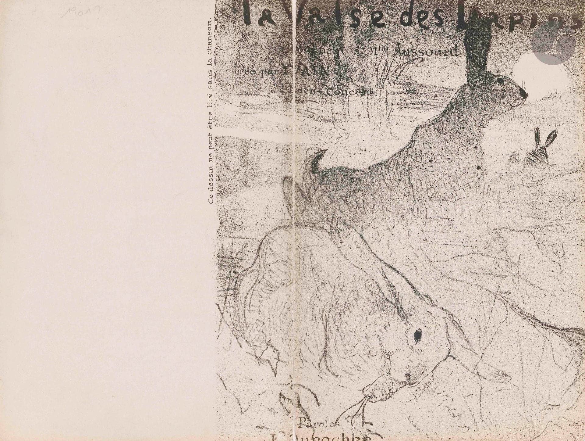 Henri de Toulouse-Lautrec (1864-1901)
La Valse des Lapins. (Illustration pour une mélodie). 1895. Lithographie. [349x264mm] (feuillet déplié). Delteil 143; Wittrock 138. Très belle épreuve sur vélin blanc, avec la partition imprimée au revers. Pli vertical médian fragilisé et habilement restauré. Quelques courtes déchirures en pied. Rare.