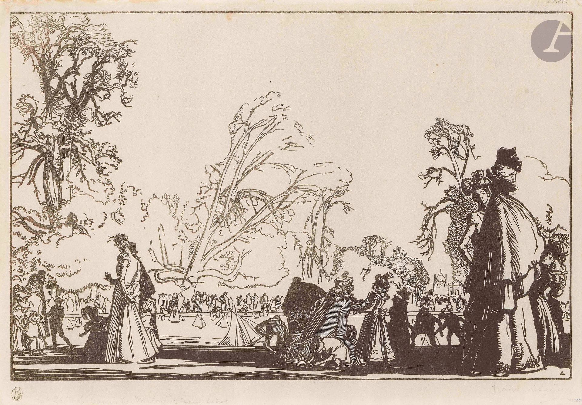 Auguste Lepère (1849-1918)
Le Bassin des Tuileries. 1898. Bois gravé. 335x220mm. Lotz-Brissonneau 265. Très belle épreuve sur japon vergé mince, du 1er état (sur 2), de la seule planche de trait, annotée « trait» et signée au crayon. Annotation au crayon au verso «épreuve unique». Infime oxydation aux bords du feuillet. Petites marges. Tirage définitif en couleurs à 50 épreuves pour L’Estampe Nouvelle. Ex-coll. A. Beurdeley (Lugt 421) et Gfrörer (Lugt non décrit).