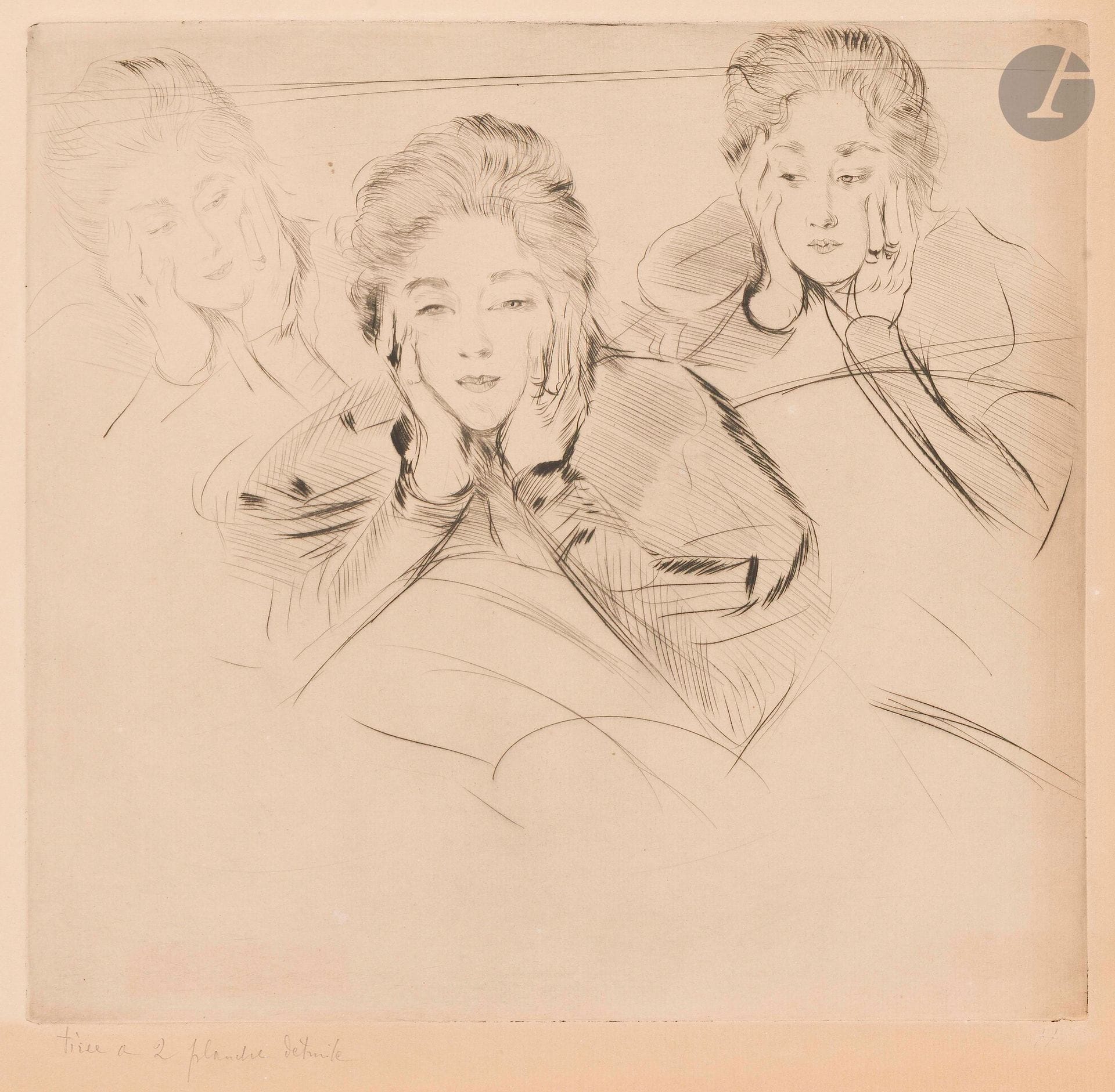 Paul-César Helleu (1859-1927)
Three studies of a woman with her head in her hands. Circa 1900. Drypoint. 340x320mm. Beautiful and extremely rare proof on vellum, annotated "tirée à 2 - planche détruite" and signed with the initial in pencil. General oxidation of the folio. Full margins.