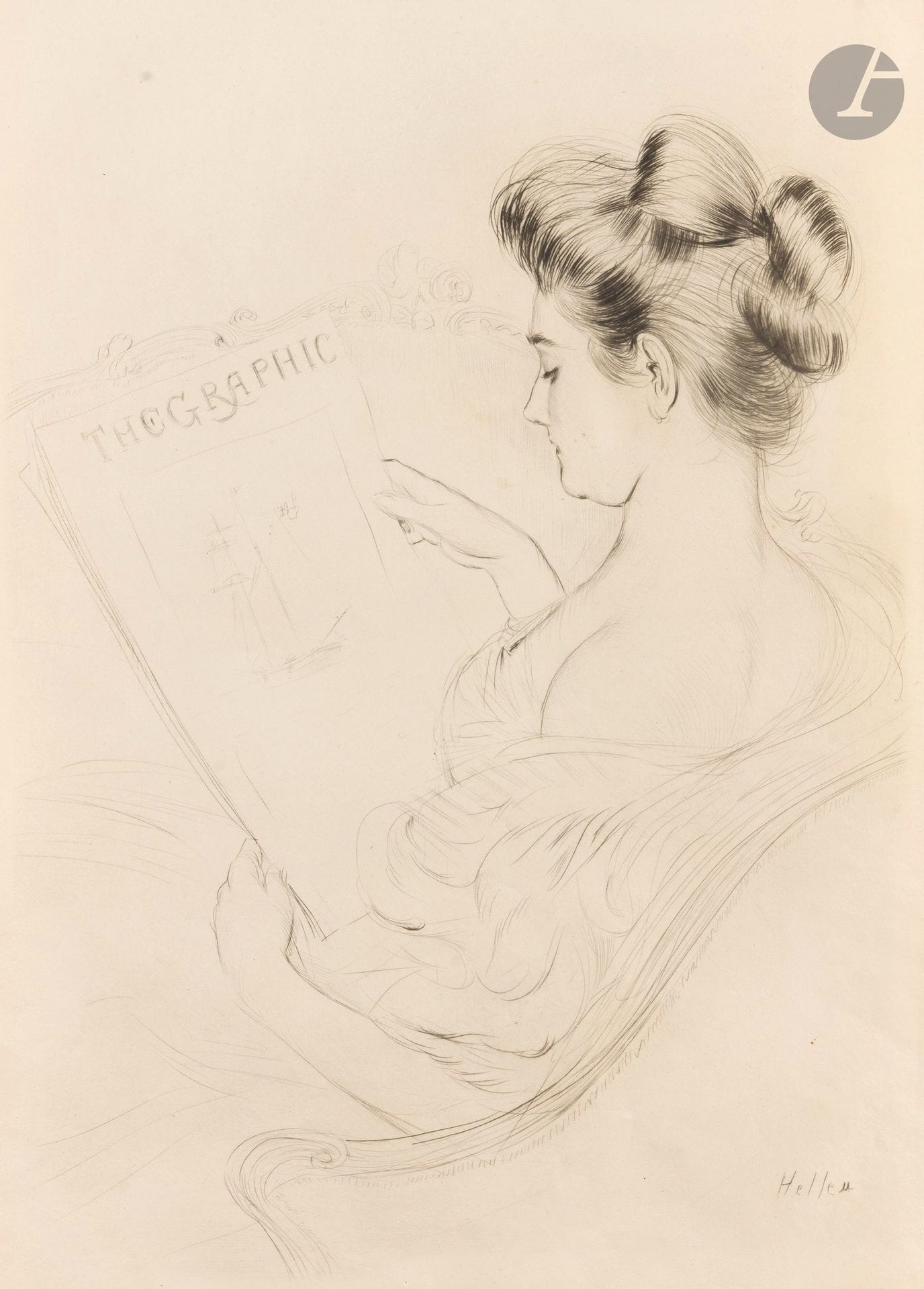 Paul-César Helleu (1859-1927)
Woman reading "The Graphic". Circa 1900. Drypoint. 345x495mm. Very fine proof on vellum. A few light traces of marginal folds. Full margins.