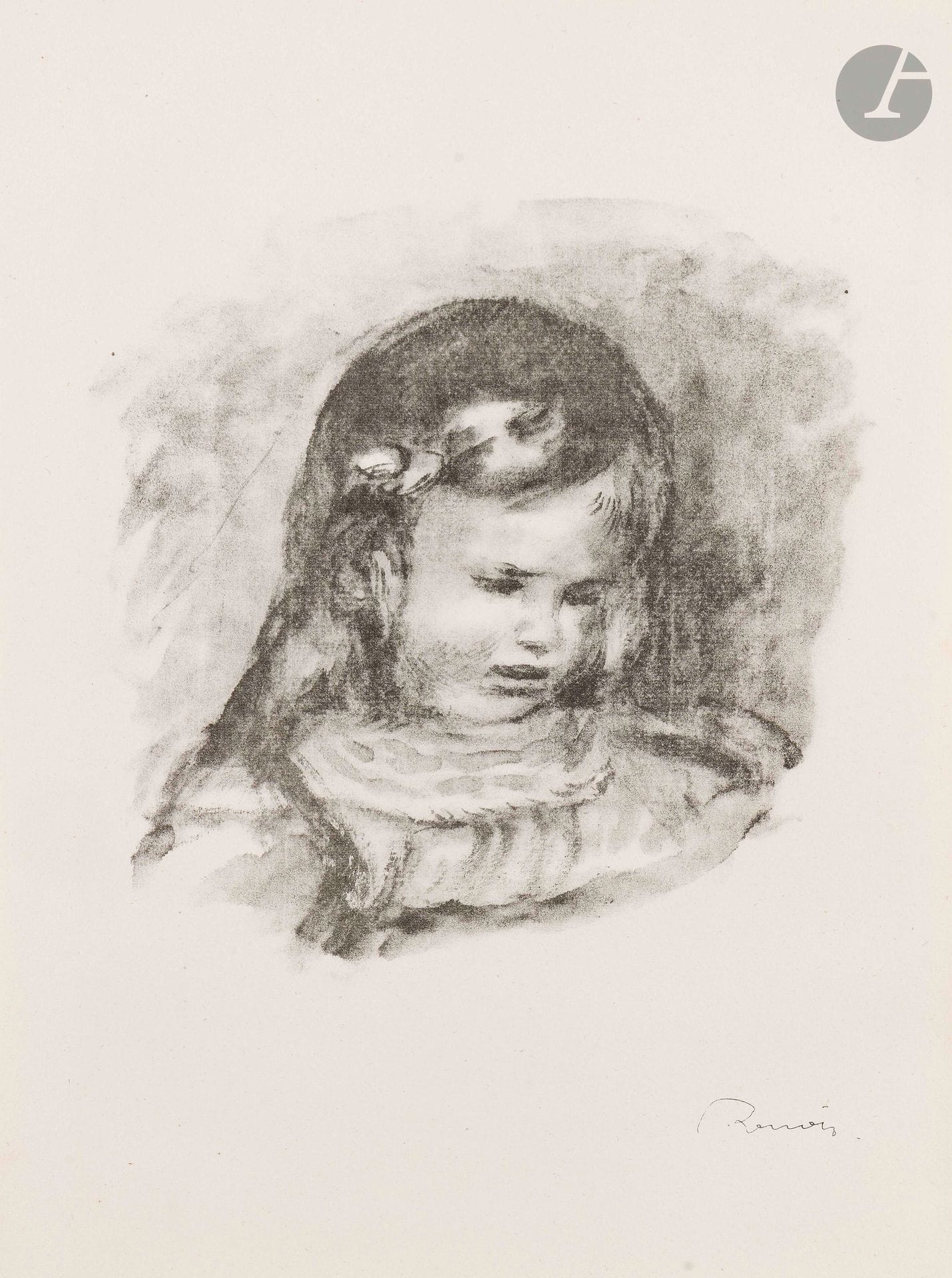 Pierre-Auguste Renoir (1841-1917)
Claude Renoir, la tête baissée. (Pl. de la suite Douze Lithographies originales). 1904. Lithographie. 185x200mm. Delteil, Stella 39; Johnson 118-3. Très belle et fraîche épreuve sur vélin crème, avec la signature imprimée. Toutes marges. Ex-coll. H. M. Petiet (Lugt 5031).
