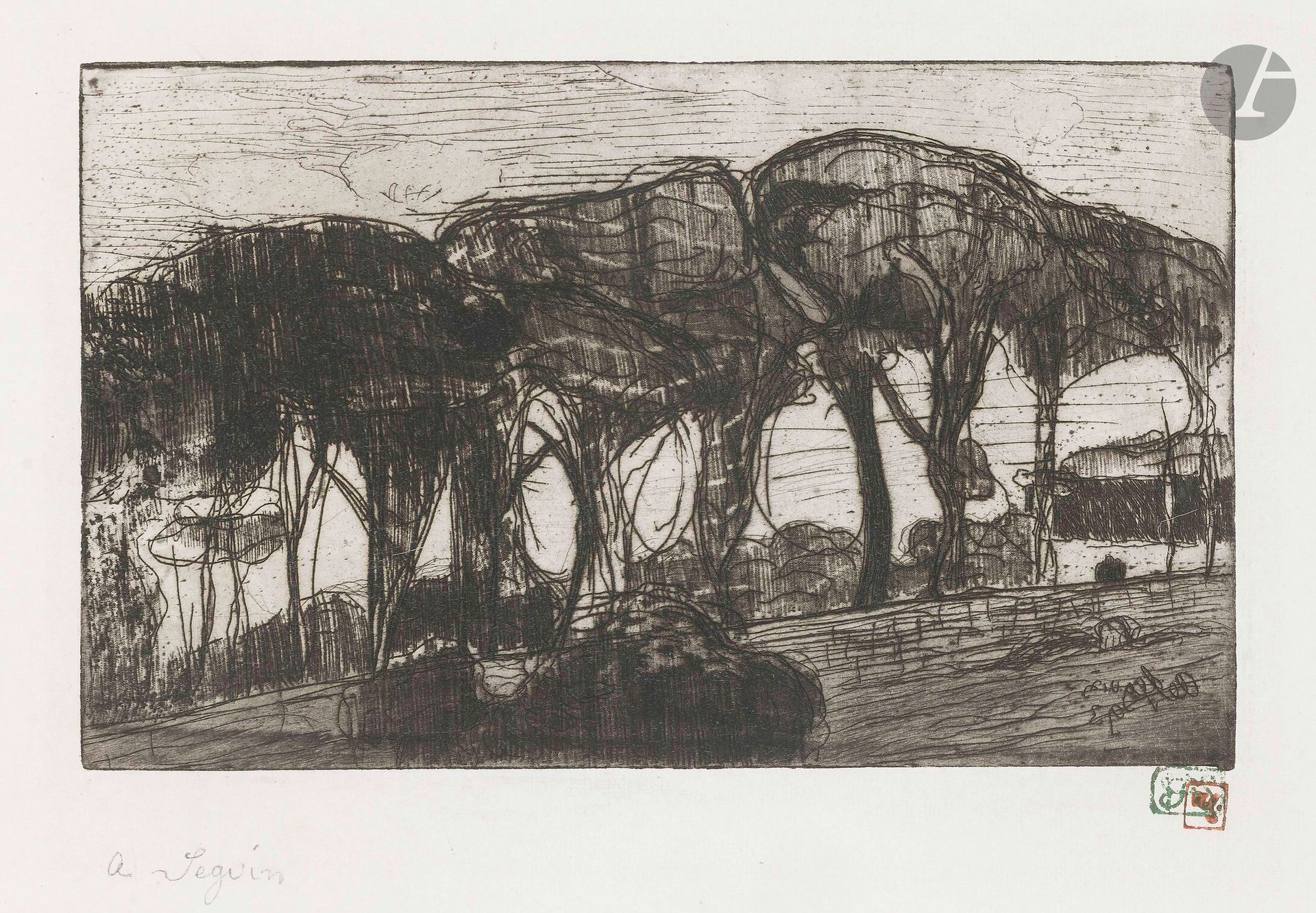 Armand Seguin (1869-1903)
Les Pins. 1893. Eau-forte et roulette. 303x176mm. Field, Strauss et Wagstaff 40. Belle épreuve sur vergé, signée au crayon et revêtue des timbres vert et rouge sang de l’artiste, lavée, avec petites traces grises persistantes aux bords du feuillet, l’angle supérieur droit manquant refait. Toutes marges. 

Provenance:
Ancienne collection Paco Durrio (1868-1940).