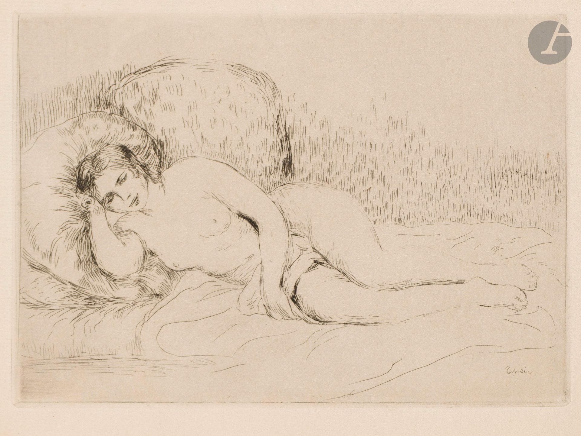 Pierre-Auguste Renoir (1841-1917)
Femme nue couchée, tournée à gauche. Vers 1906. Pointe sèche. 195x140mm. Delteil, Stella 15. Belle épreuve sur vergé, oxydée. Toutes marges. Joint: Sur la plage, à Berneval. Vers 1892. Pointe sèche. 93x135mm. Delteil, Stella 5. Belle épreuve d’un tirage moderne sur vergé ivoire. Grandes marges. Ens. 2 p.