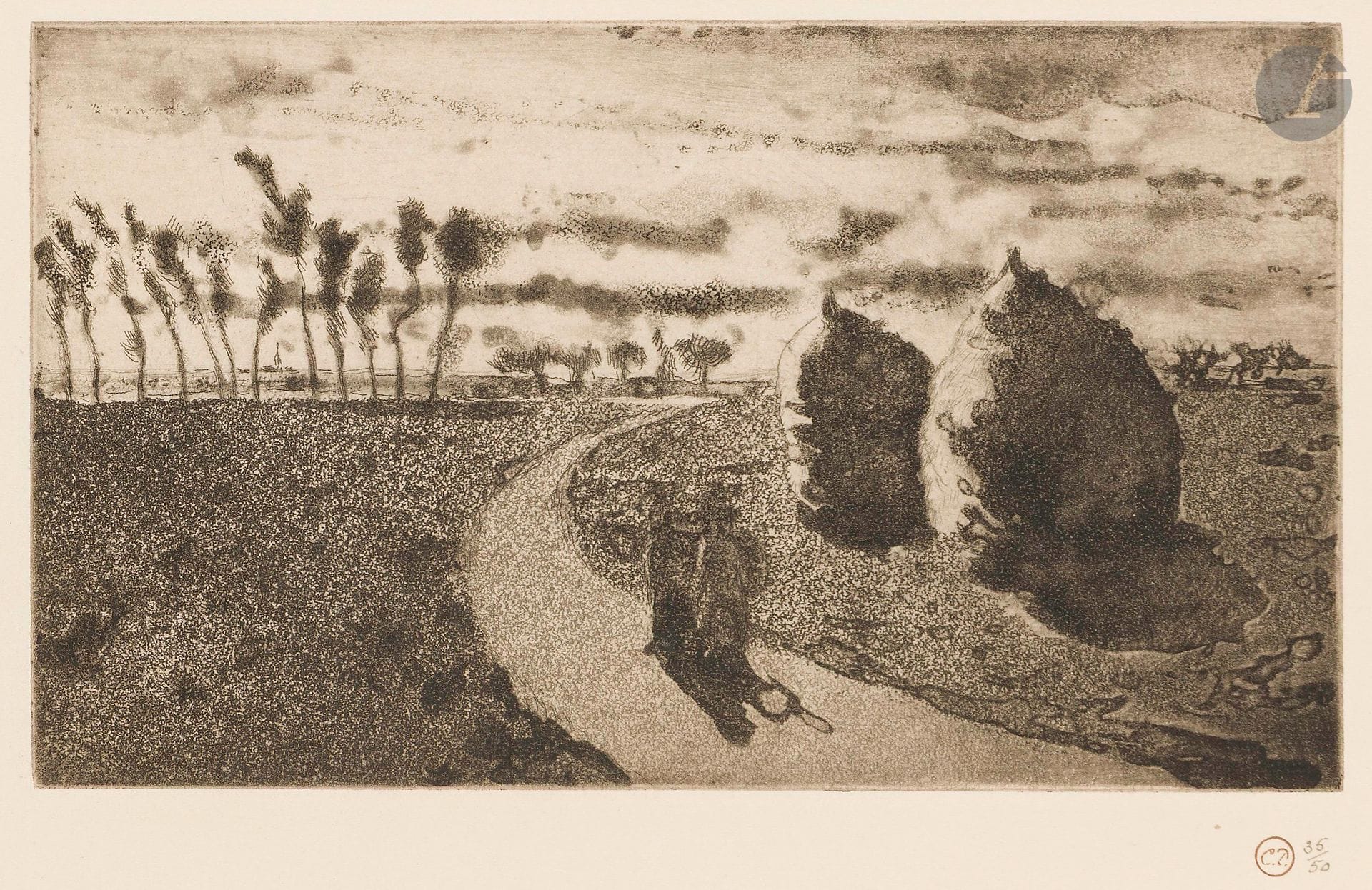 Camille Pissarro (1830-1903)
Crépuscule (avec meules). 1879. Eau-forte et aquatinte. 175x104mm. Delteil 23. Très belle épreuve sur vergé ivoire filigrané «J Whatman», du tirage de1920, timbrée (Lugt 613f) et numérotée au crayon. Légère trace d’oxydation marginale. Toutes marges. Tirage à 50 épreuves sur différents papiers. (On ne connaît qu’une quinzaine d’épreuves du vivant de l’artiste).