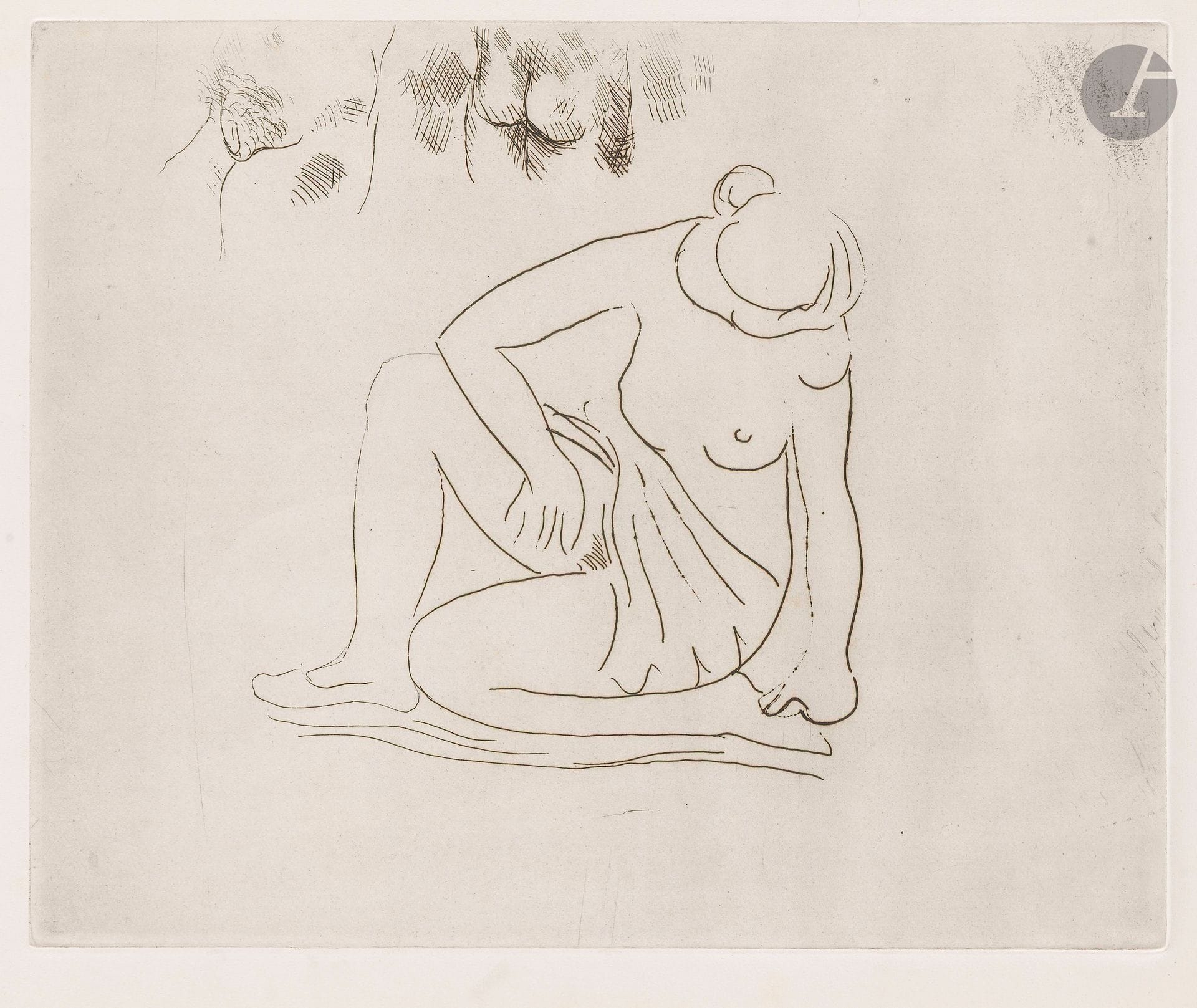 Aristide Maillol (1861-1944)
Kneeling woman, one knee raised (Eve). Circa 1926. Etching. 383x310mm. Guérin 330; Johnson 77. A very fine proof on strong white vellum, of the rare 1st state (of 2), before erasure of the sketches in the upper part, unsigned as usual. Minimal foxing. Full margins. Very rare: Guérin cites only two proofs of this state, printed by Fort. Final edition of 100 proofs, for an album of prints that never saw the light of day, envisaged by the publisher A. Vollard.