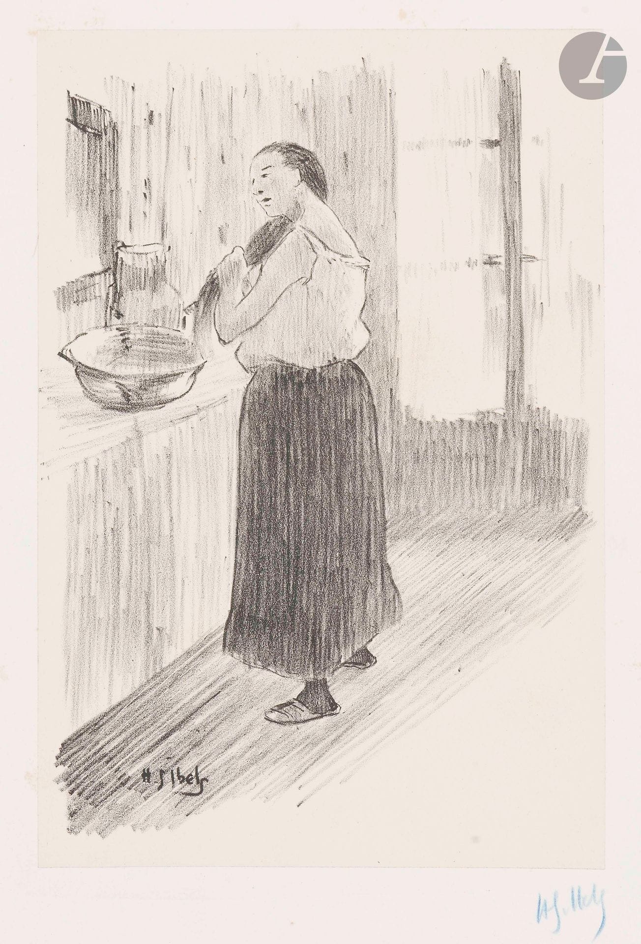 Henri-Gabriel Ibels (1867-1936)
Woman at the Toilet. Circa 1895. Lithograph. 160x215mm. Very fine proof on chine appliqué, signed in blue pencil. The indentation of the stone is very visible. Marginal light foxing and a band of oxidation to the right. Full margins.