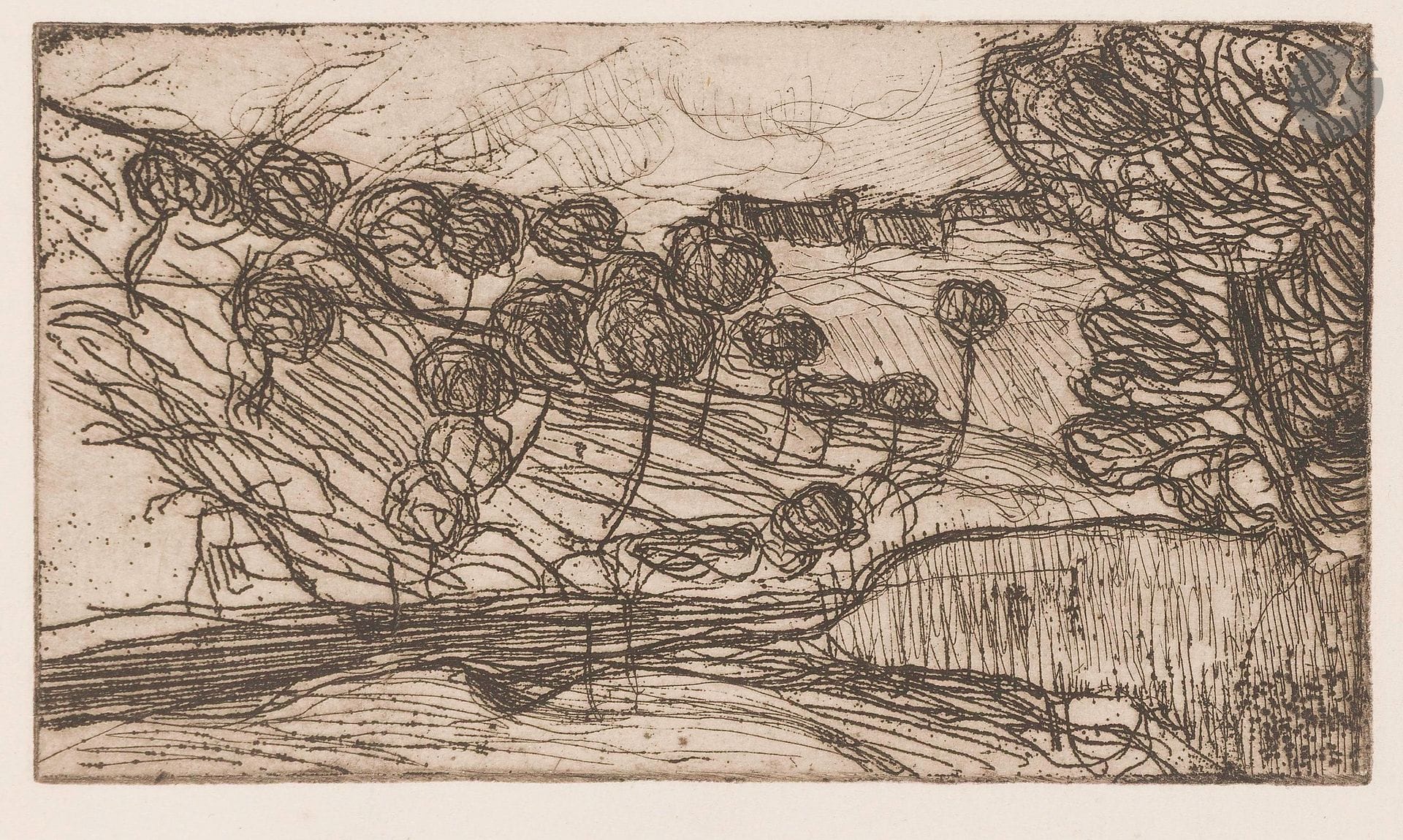Armand Seguin (1869-1903)
Les Arbres au bord de l’eau. Vers 1895. Eau-forte. 153x87mm. Field, Strauss et Wagstaff24. Très belle épreuve sur vergé crème. Quelques infimes rousseurs. Toutes marges.