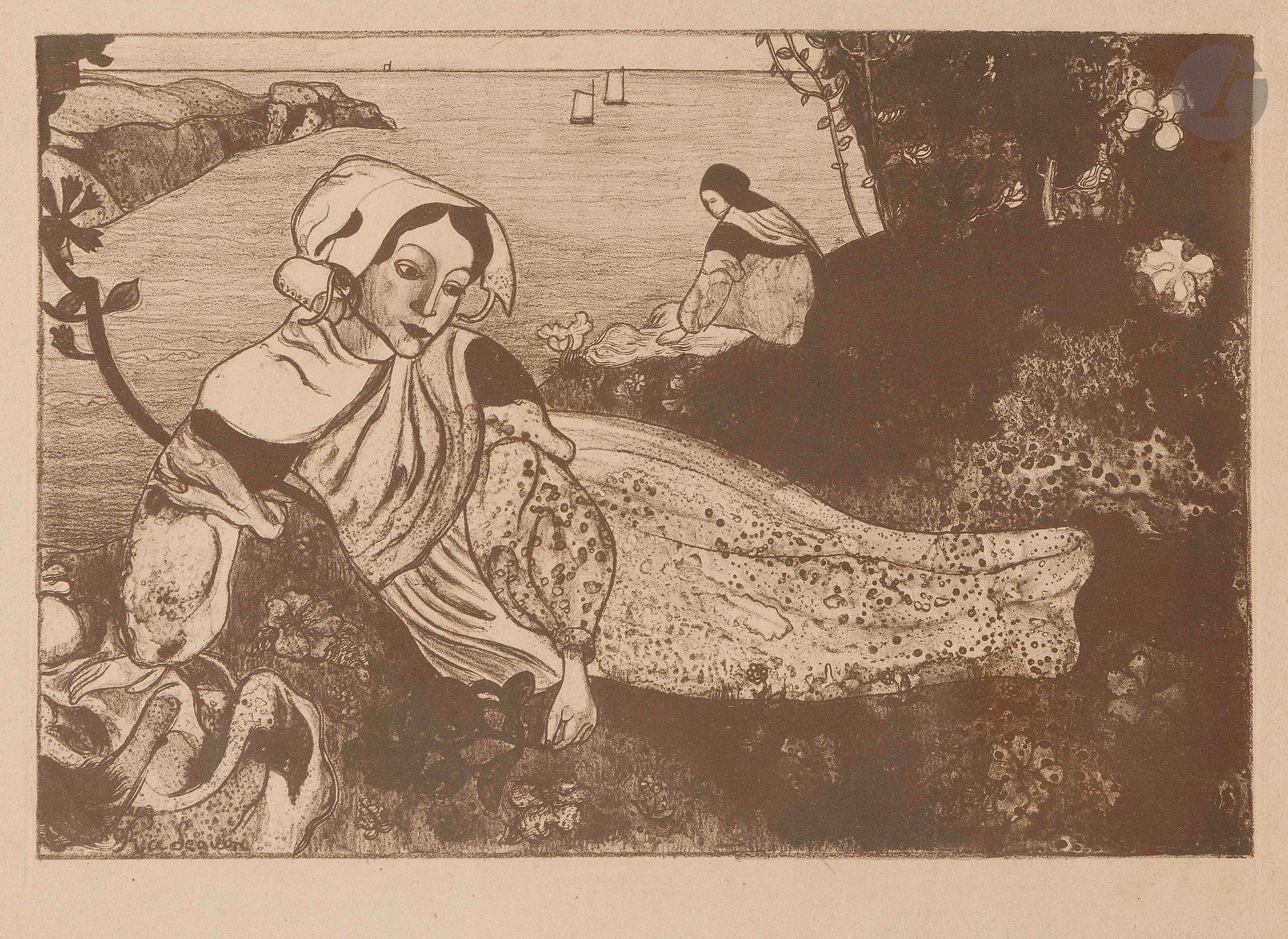 Armand Seguin (1869-1903)
La Primavera (femme couchée). 1894-1895. Zincographie. 315x225mm. Field, Strauss et Wagstaff 84. Impression en brun. Très belle épreuve sur vélin ivoire, à part du tirage pour la revue, sans le pli de tirage médian, soigneusement lavée. Petite tache brune au bord inférieur. Toutes marges. 

Planche parue dans L’Ymagier, n°2, janvier 1895.

Provenance:
Ancienne collection Paco Durrio (1868-1940).