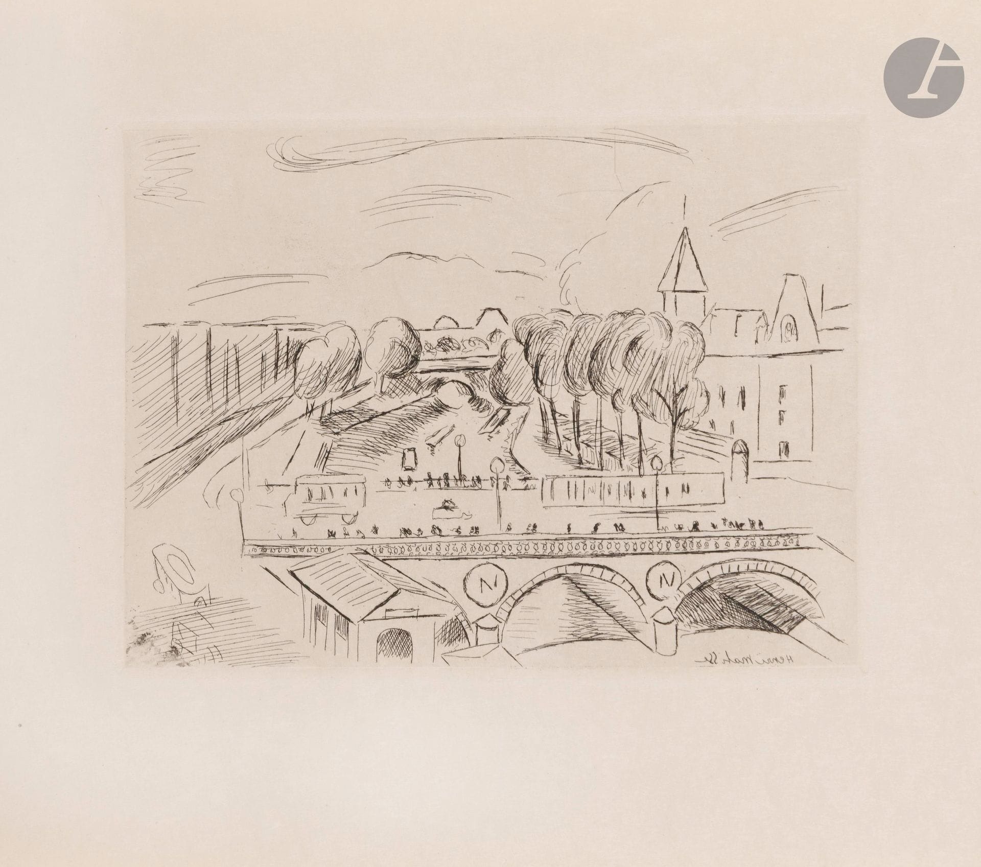 Henri Matisse (1869-1954)
Vue de Paris: Le Pont Saint-Michel. 1927. Eau-forte. 195x145mm. Duthuit-Garnaud 108; Duthuit-Garnaud (Livres illustrés)4. Parfaite épreuve du tirage de tête à 25 épreuves pour Tableaux de Paris, sur japon. Toutes marges [330x255]. Tirage total à 225 épreuves. 

Provenance:
Henri Marie Petiet (1894-1980).