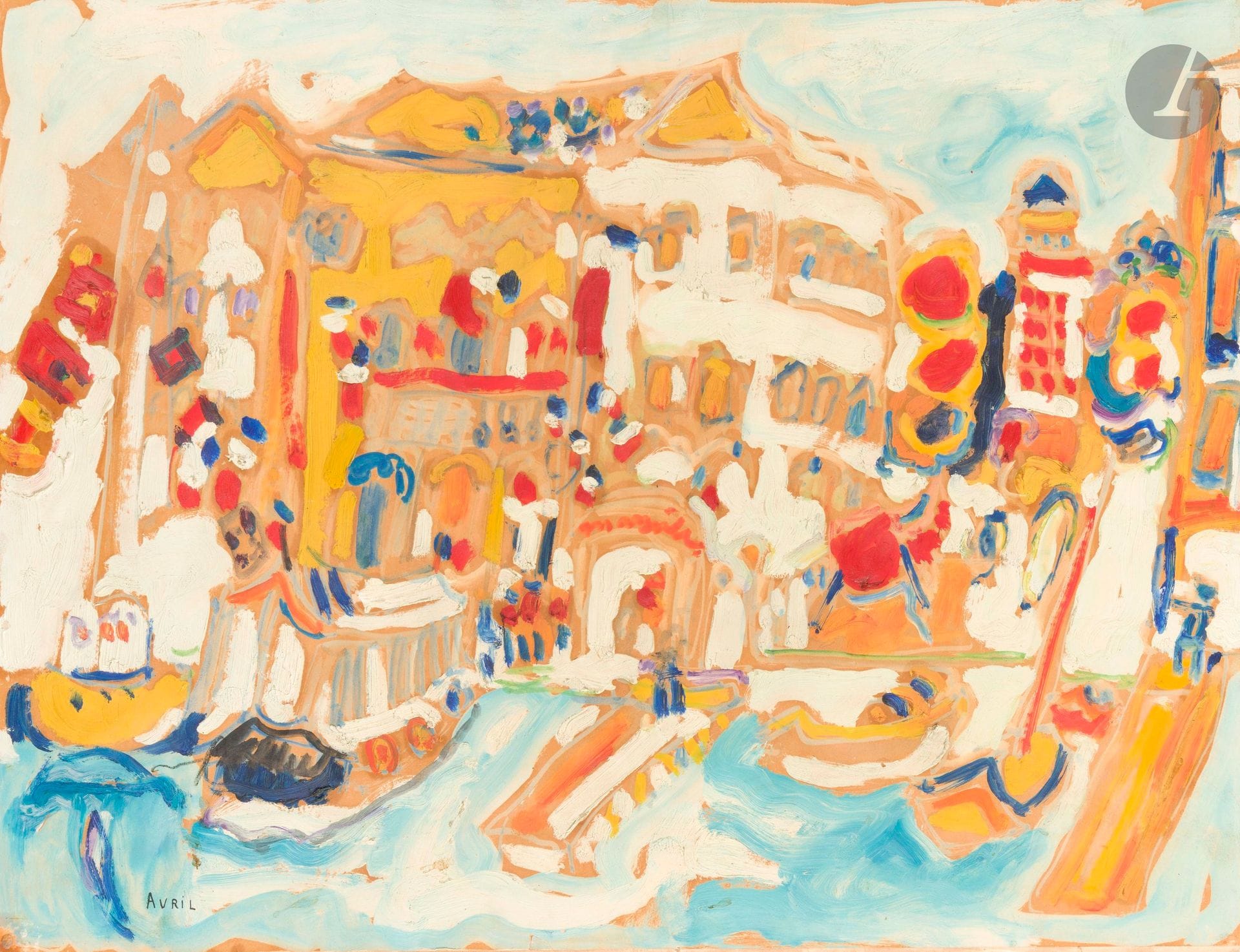 Armand AVRIL (1926-2025)
Ville en bord de mer
Huile sur papier sur carton plume.
Signée en bas à gauche.
50 x 64 cm